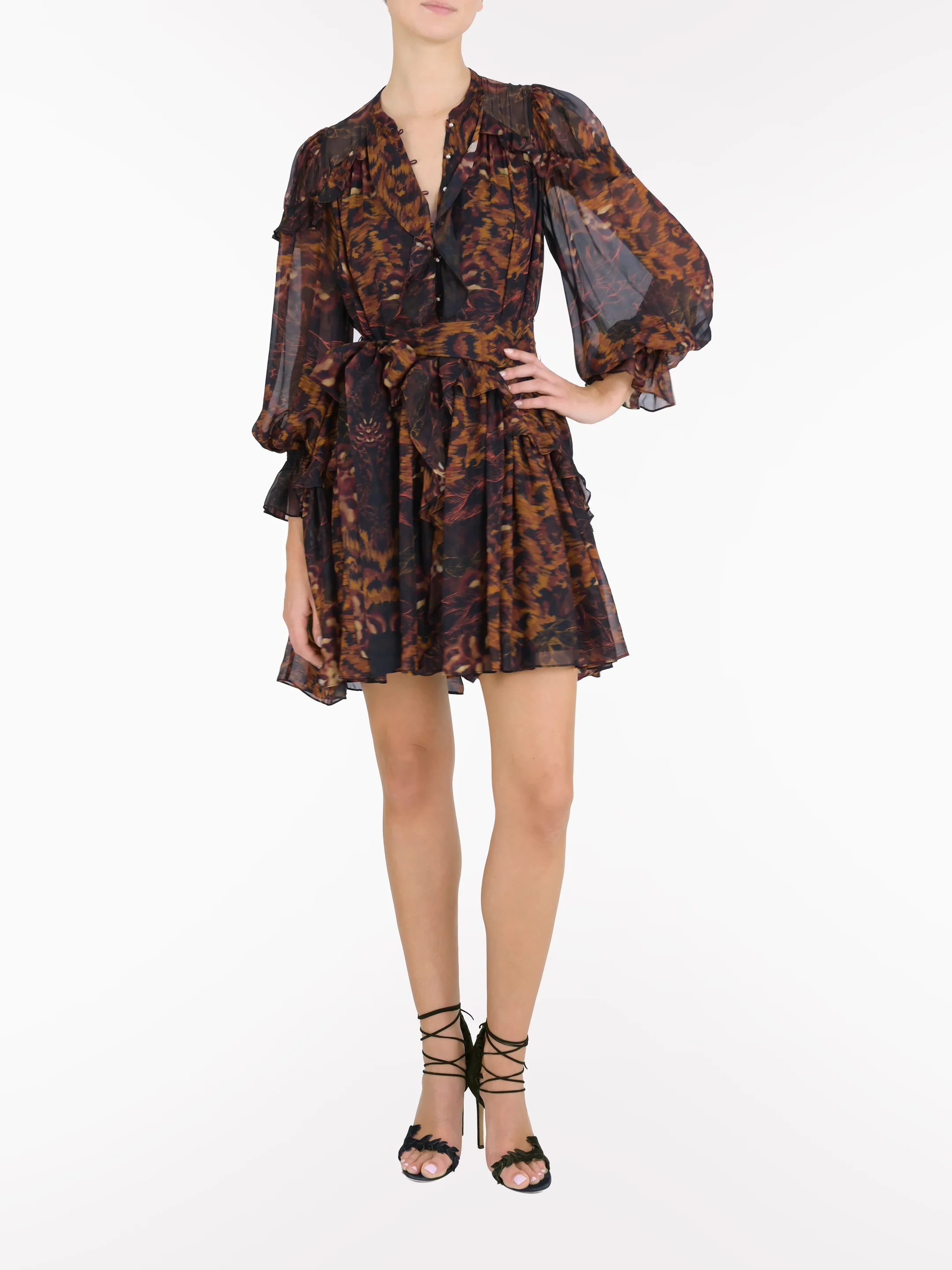 BRAIDED LEOPARD FLOUNCED SILK CHIFFON MINI DRESS - 1