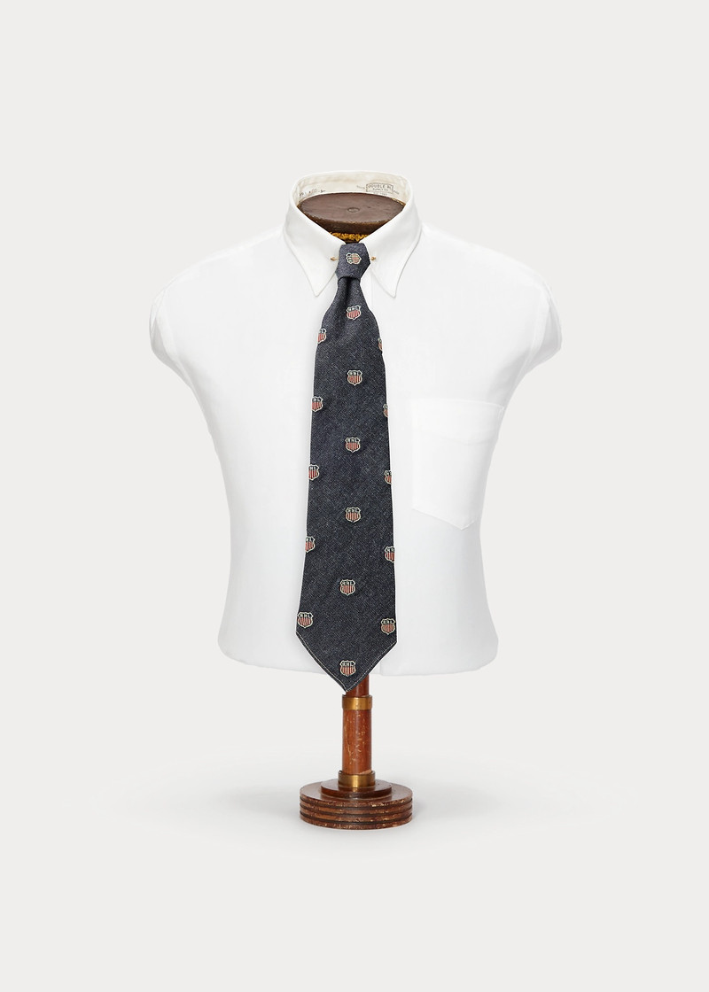 Handmade Shield-Embroidered Denim Tie 1