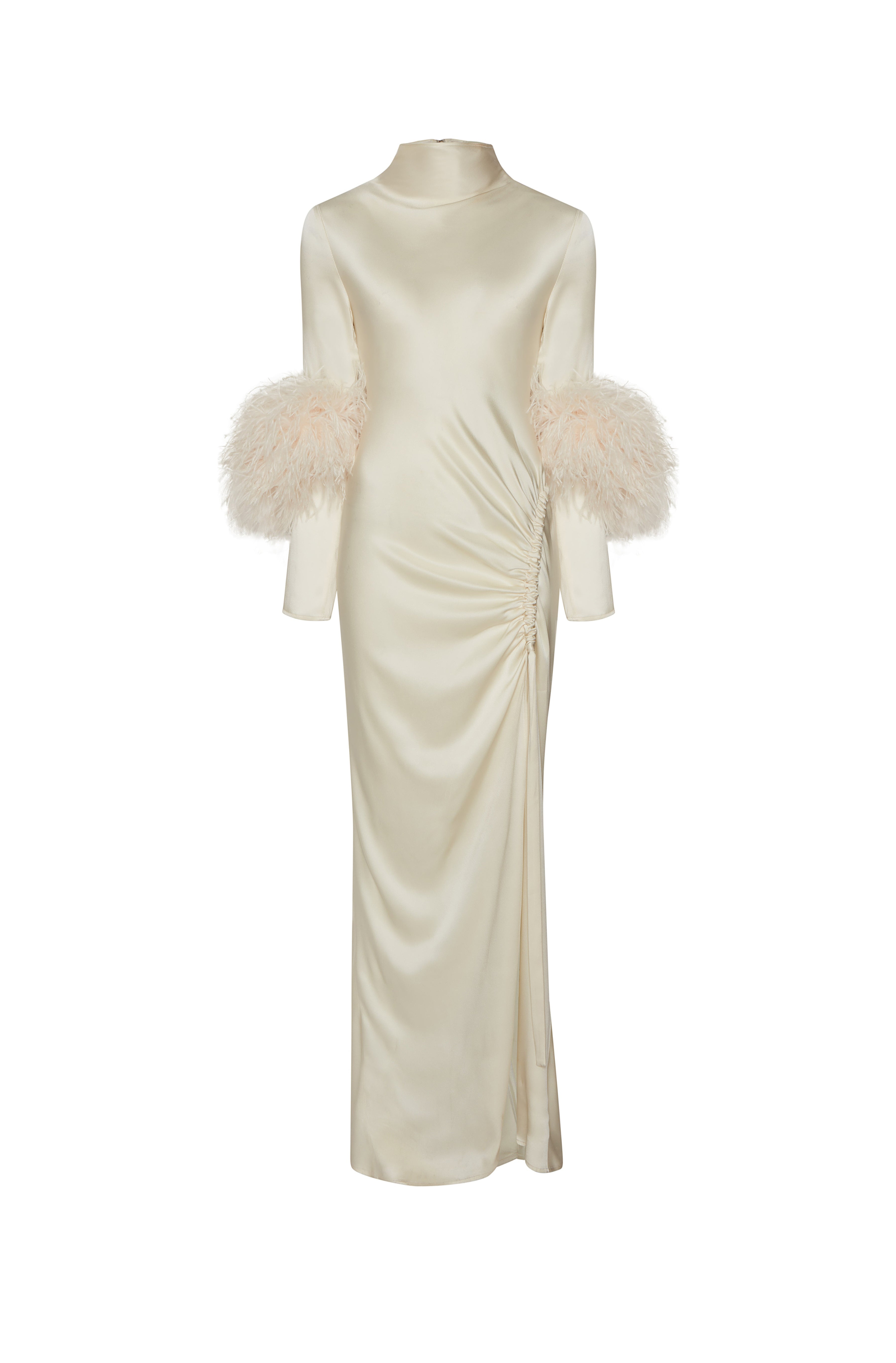 Satin Bias Feather Tab Dress With Slit - 1