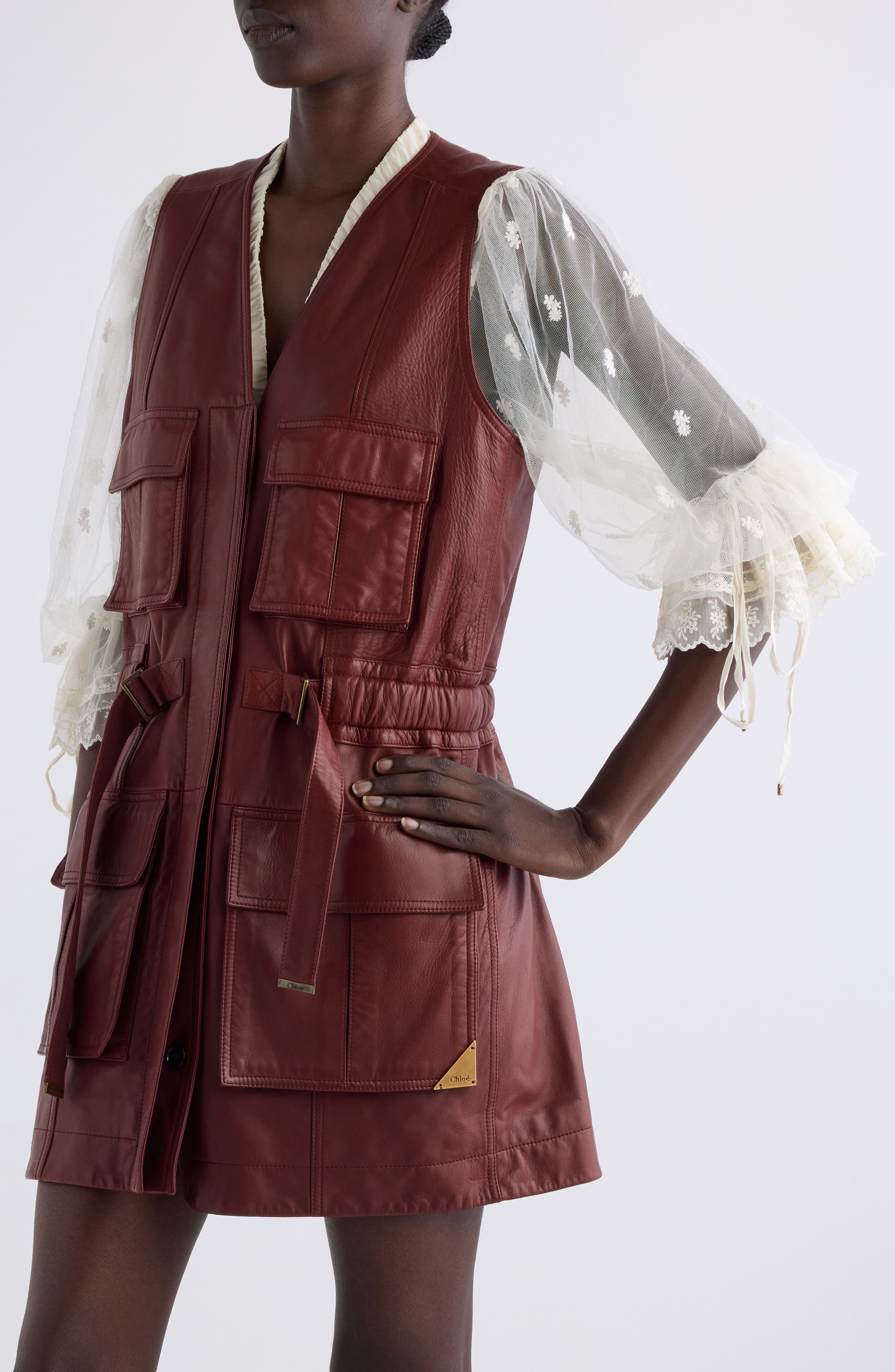 Chloé Sleeveless Leather Utility Coat in Faded Mahogany at Nordstrom - 4
