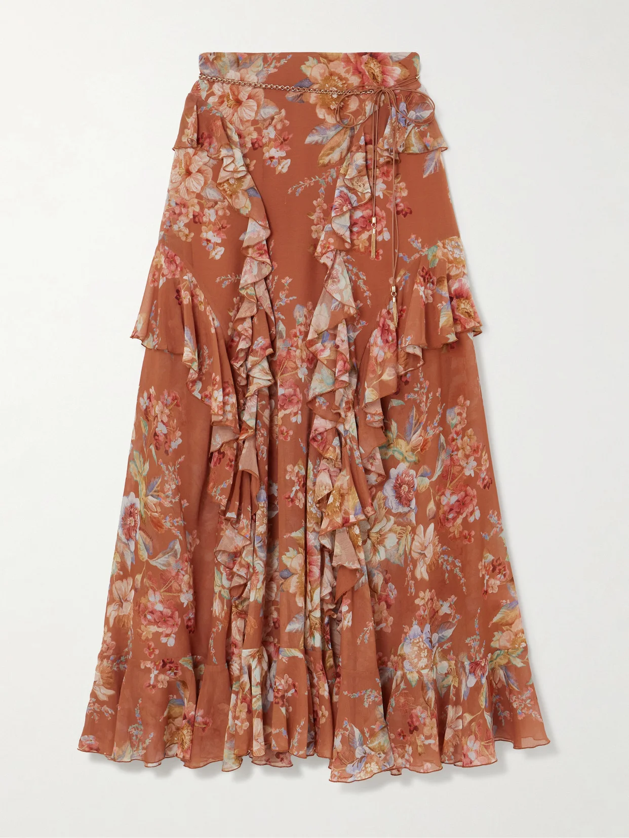 Awaken Belted Ruffled Floral-print Cotton And Silk-blend Crepe De Chine Maxi Skirt - 1