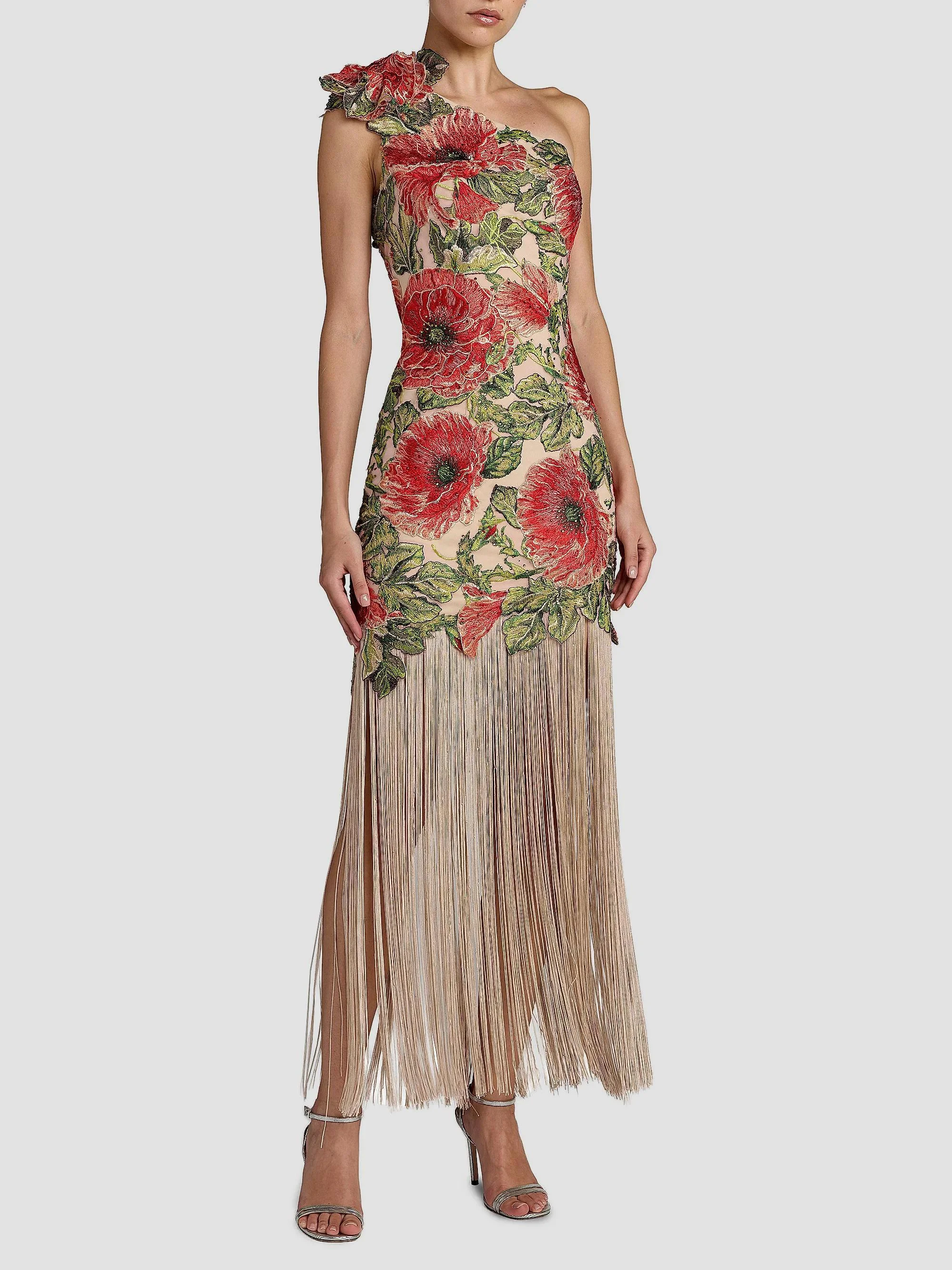Women's Floral Appliqué Fringed One-Shoulder Gown - Beige Multi - 1