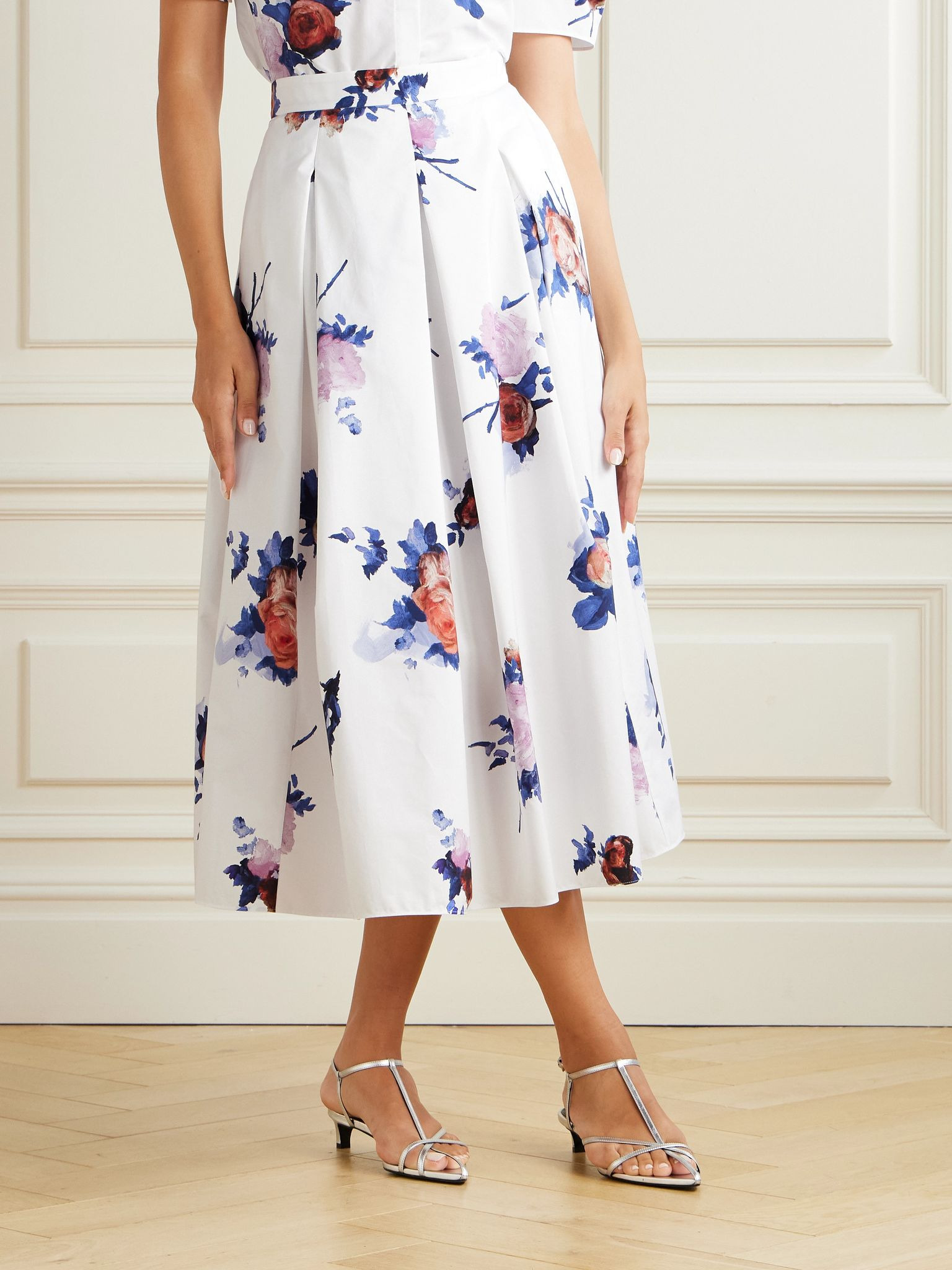 Pleated floral-print cotton-poplin midi skirt White - 3