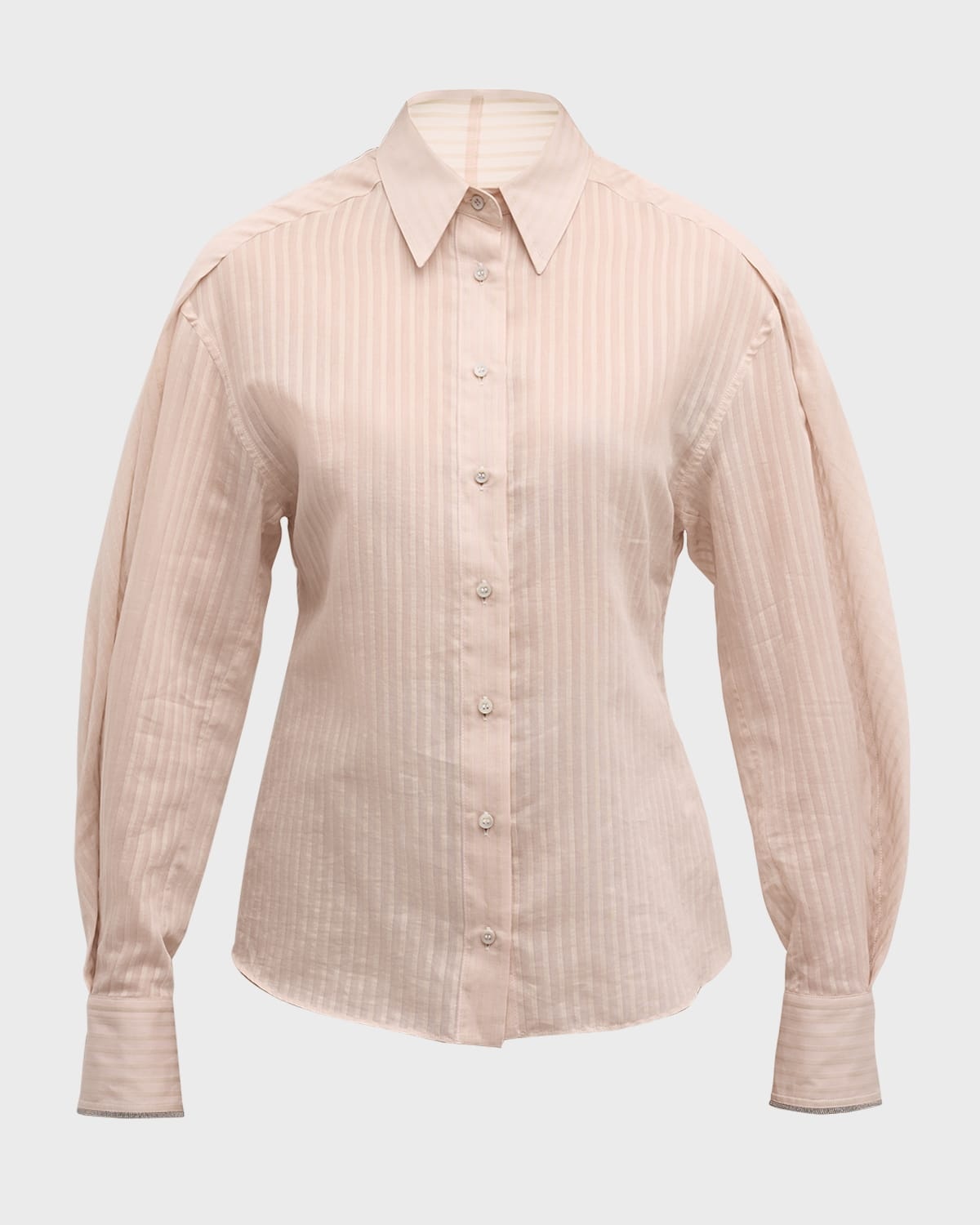 Cotton-Silk Tonal Striped Long-Sleeve Blouse - 1