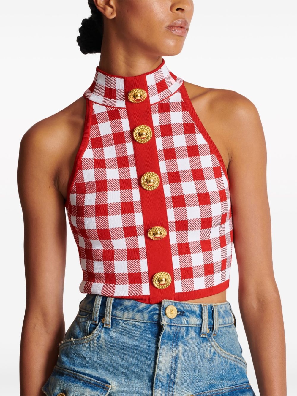 gingham-check pattern zip-up top - 5