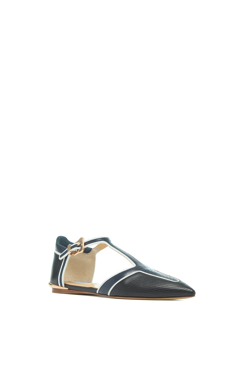 Leya Moto T-Strap Flat Shoe in Navy Multi Leather 2