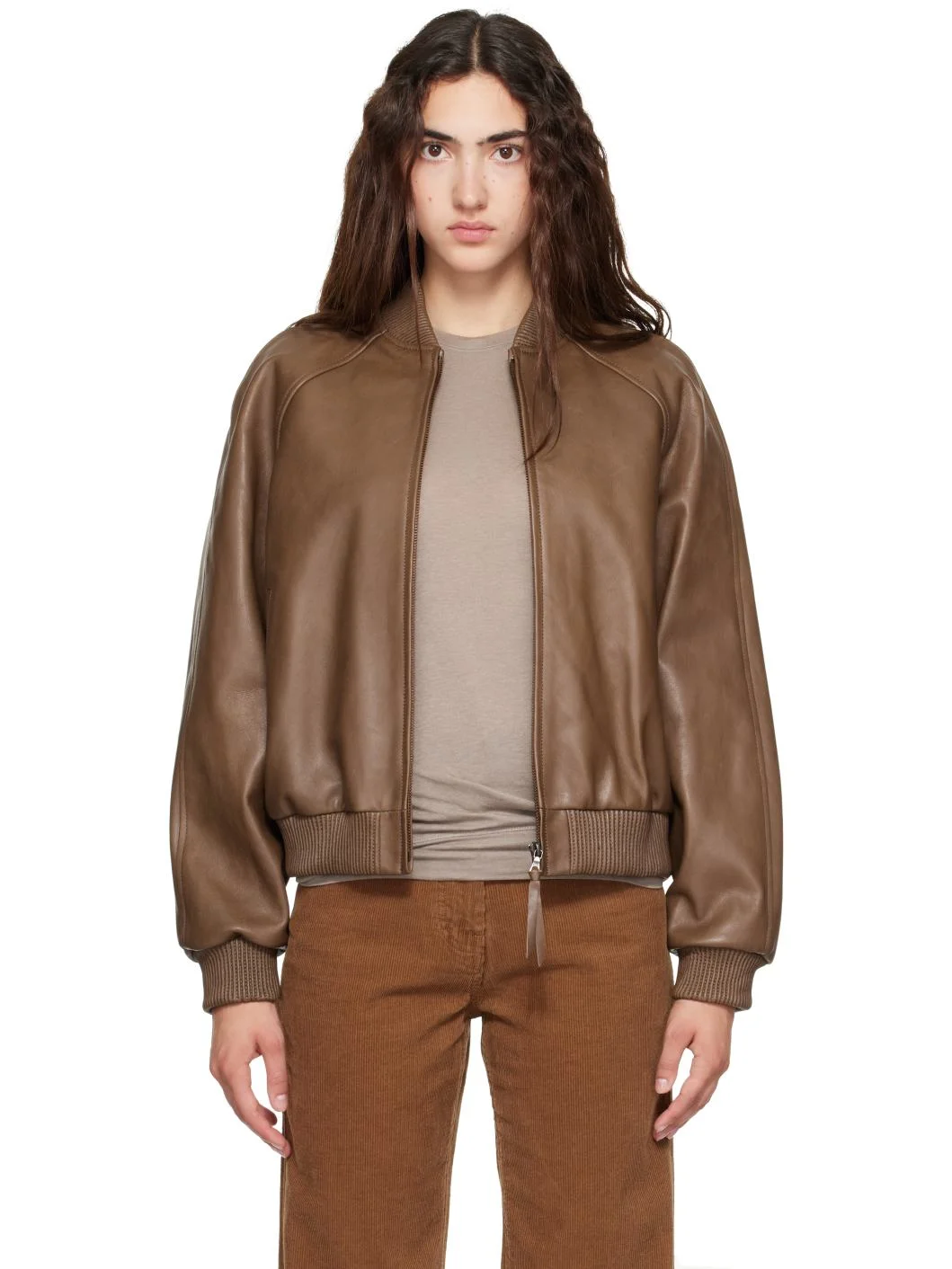 Khaki Roche Leather Bomber Jacket - 1