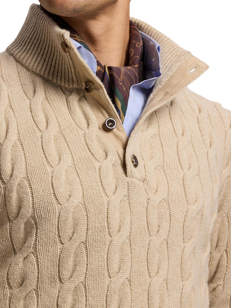 Men's Cable-Knit Mockneck Cashmere Sweater - Champagne Melange 7