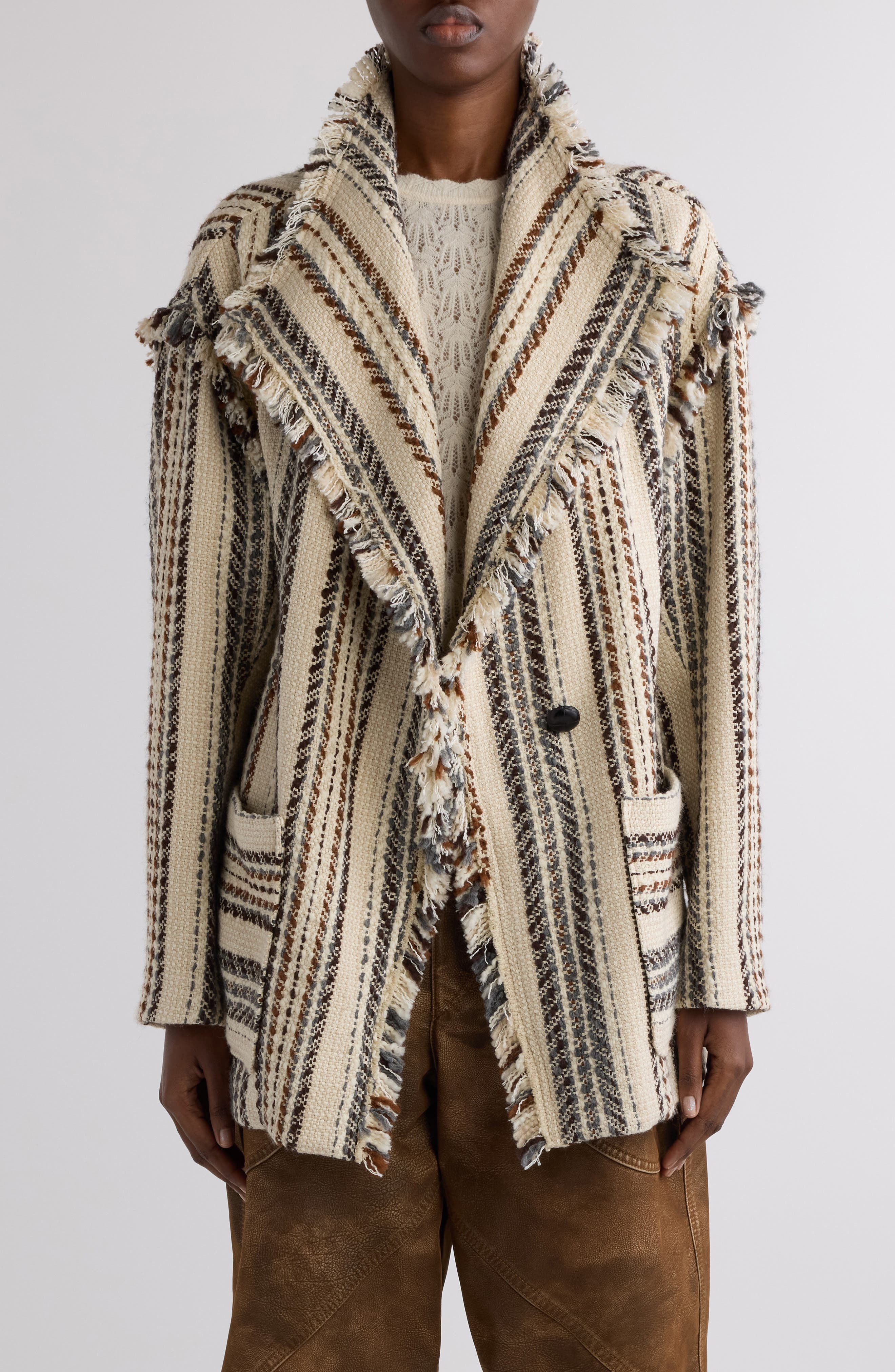 Isabel Marant Étoile Illisa Stripe Fringe Jacket in Ecru at Nordstrom - 1