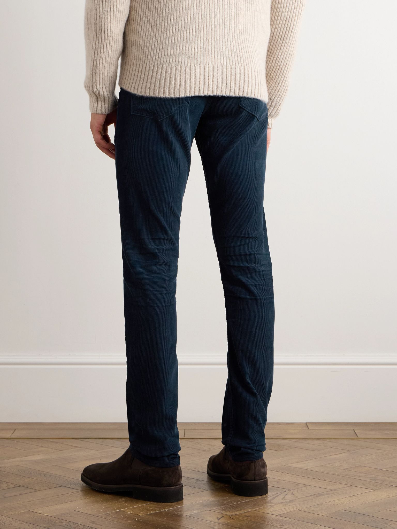 Slim-Fit Cotton-Blend Corduroy Trousers Navy - 3