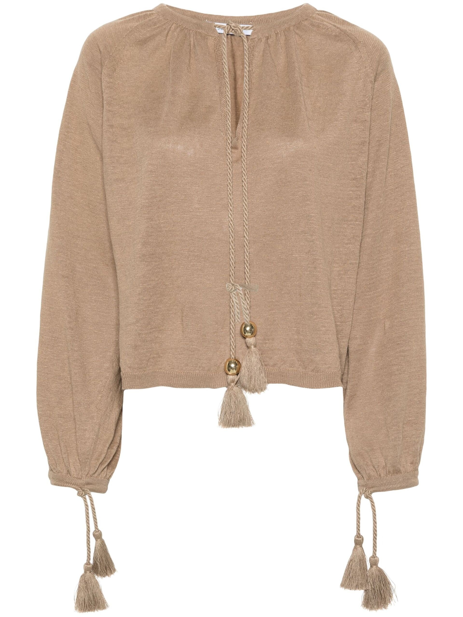 Earth Brown Tassel Detailing Linen Blouse - 1