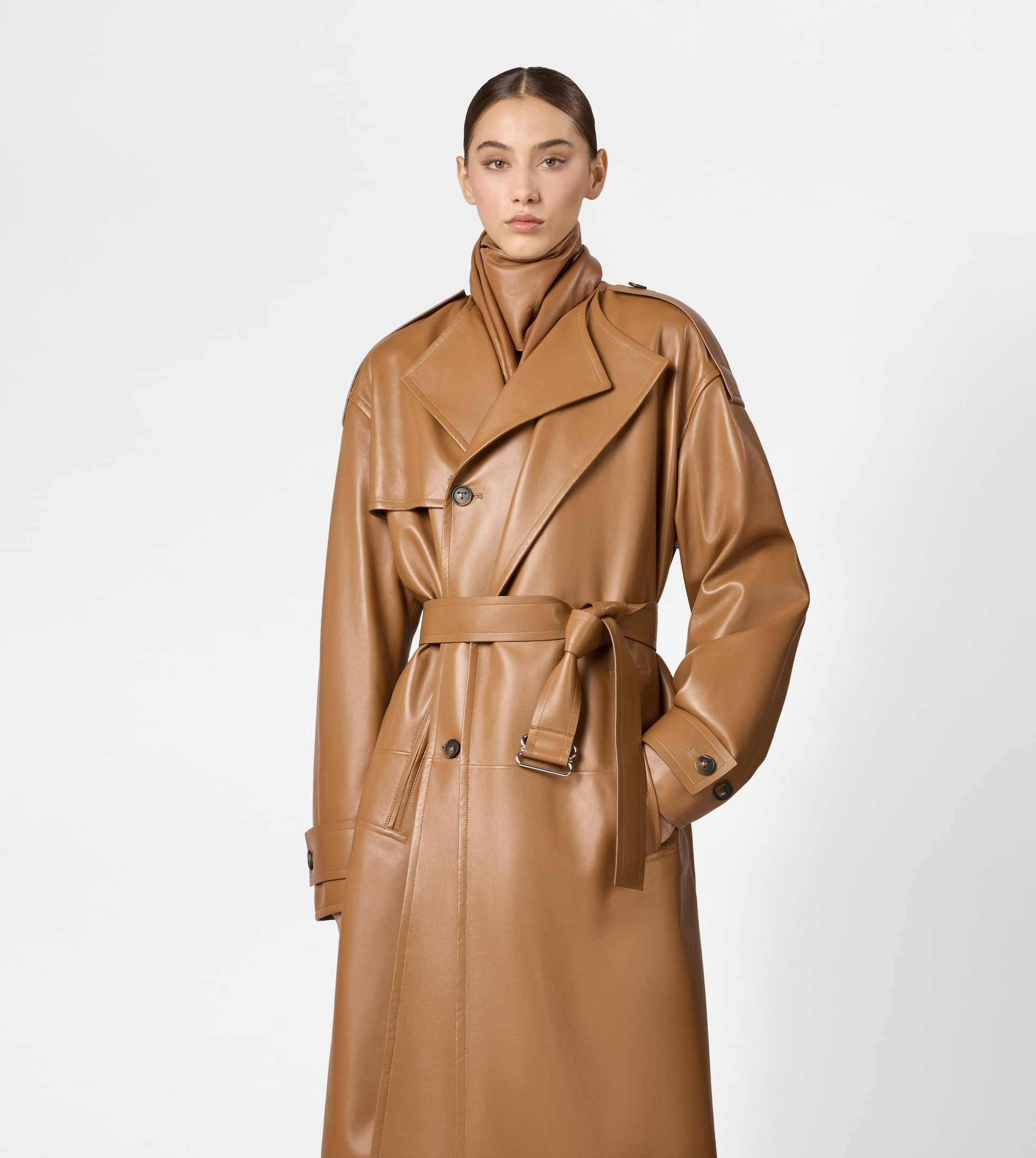 TRENCH COAT IN LEATHER RELAXED FIT - BROWN - 4