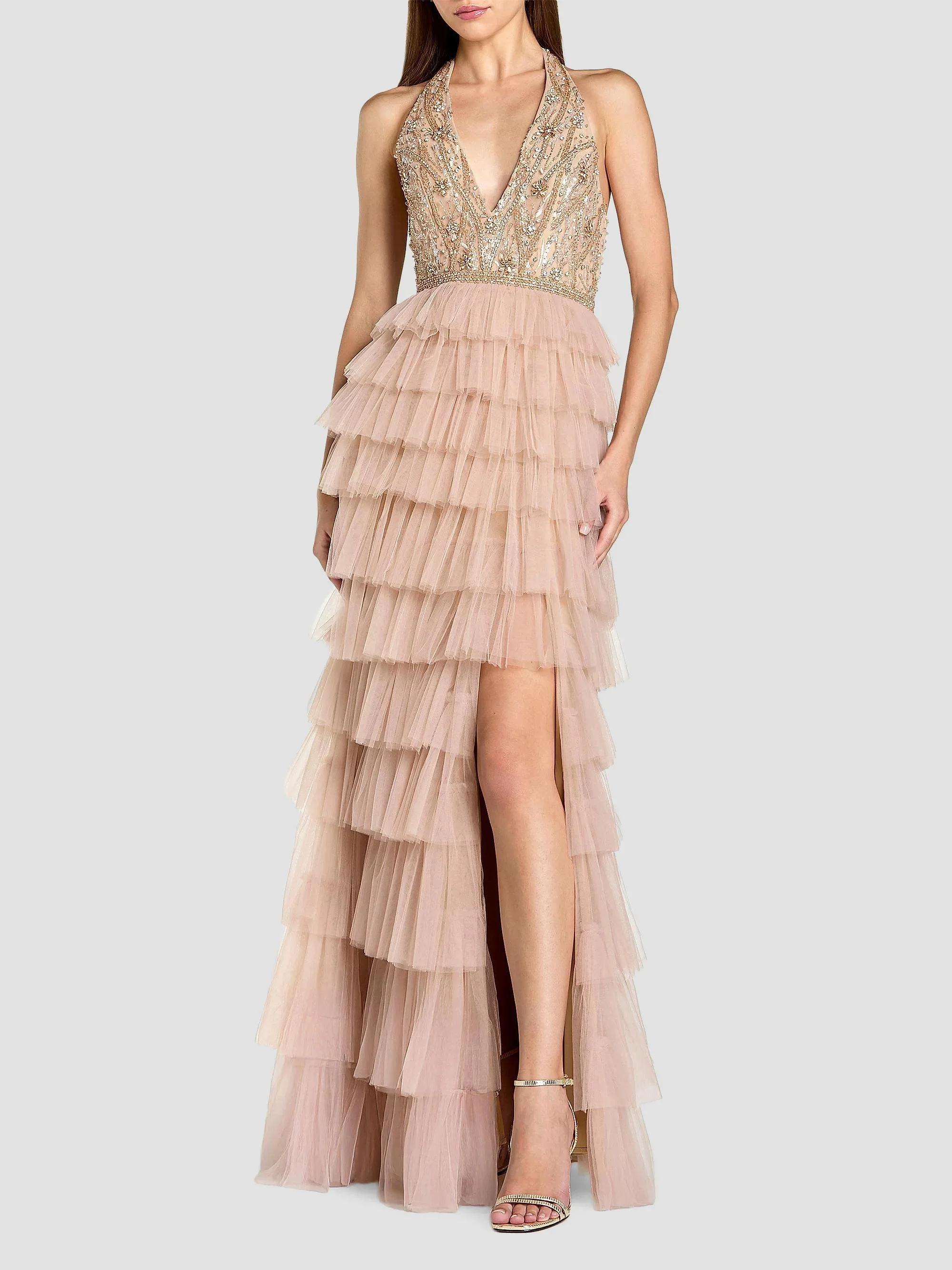 Women's Beaded Tulle Ruffle Column Gown - Beige - 1