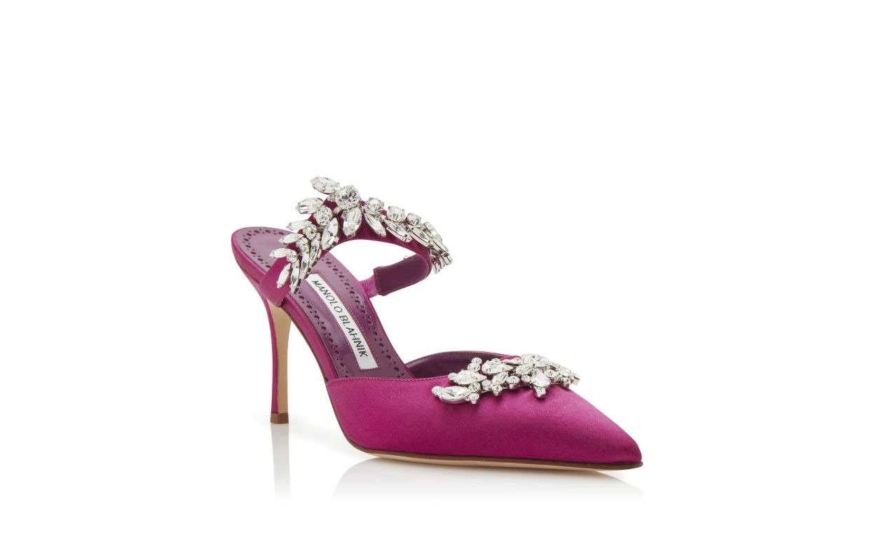 Fuchsia Satin Crystal Embellished Mules - 3
