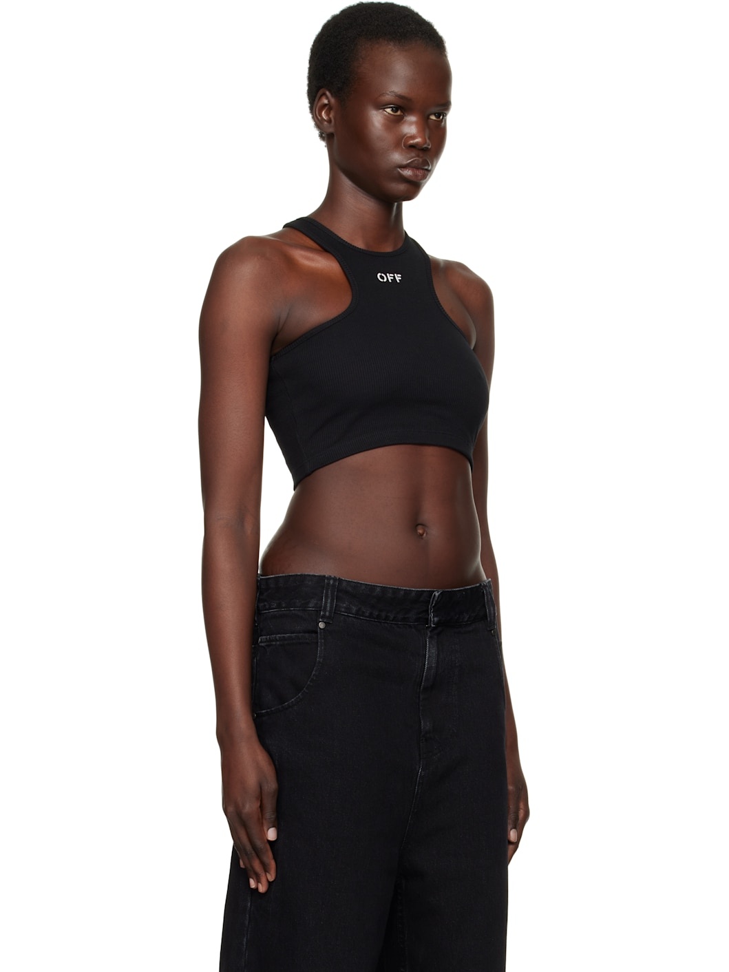 Black 'Off' Stamp Ribbed Rowing Tank Top - 2