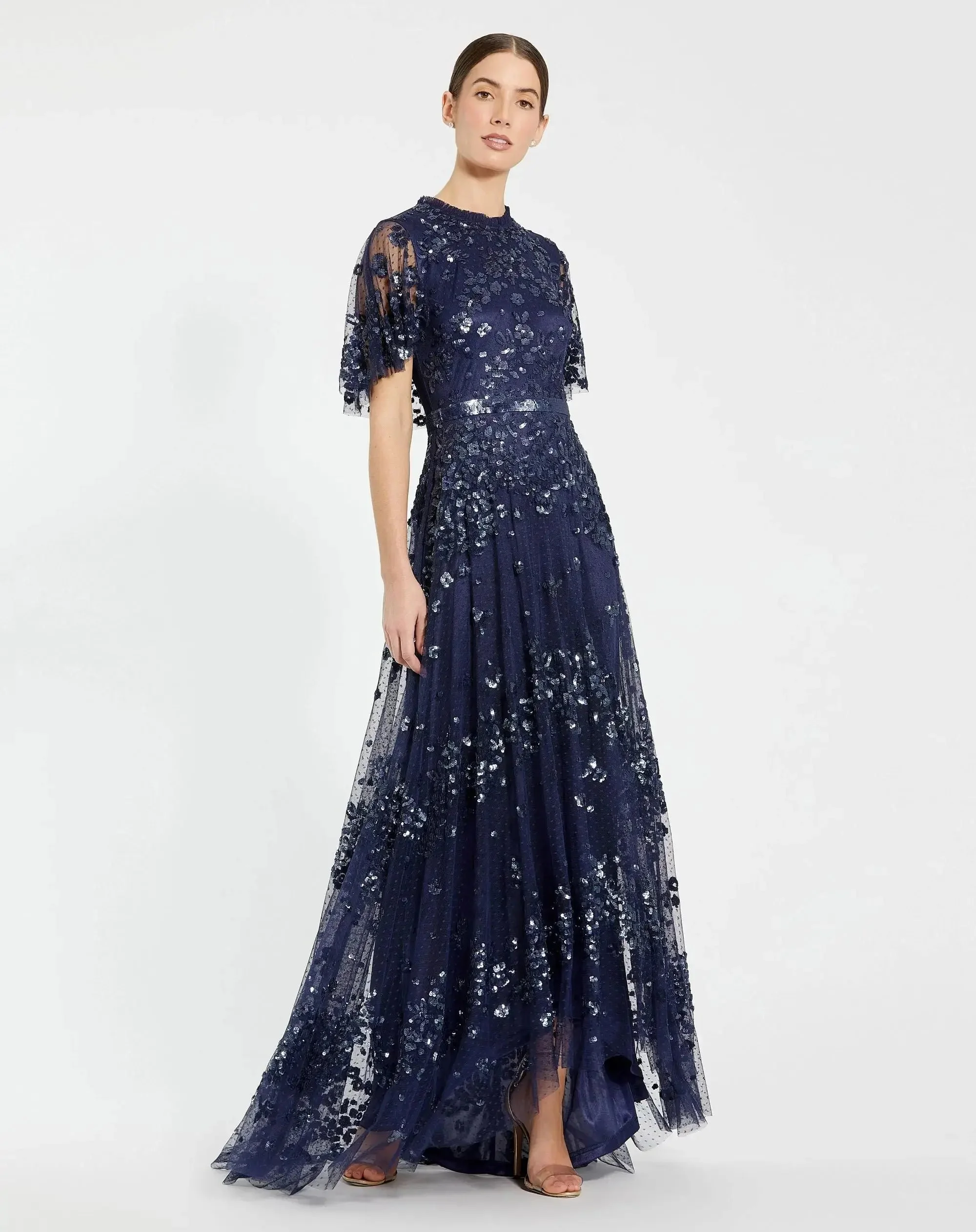 Midnight Sequined High Neck Flutter Sleeve A Line Gown - 1