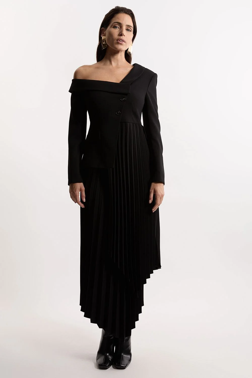 Tailored Crepe Asymmetric Pleated Midi Dress - 1