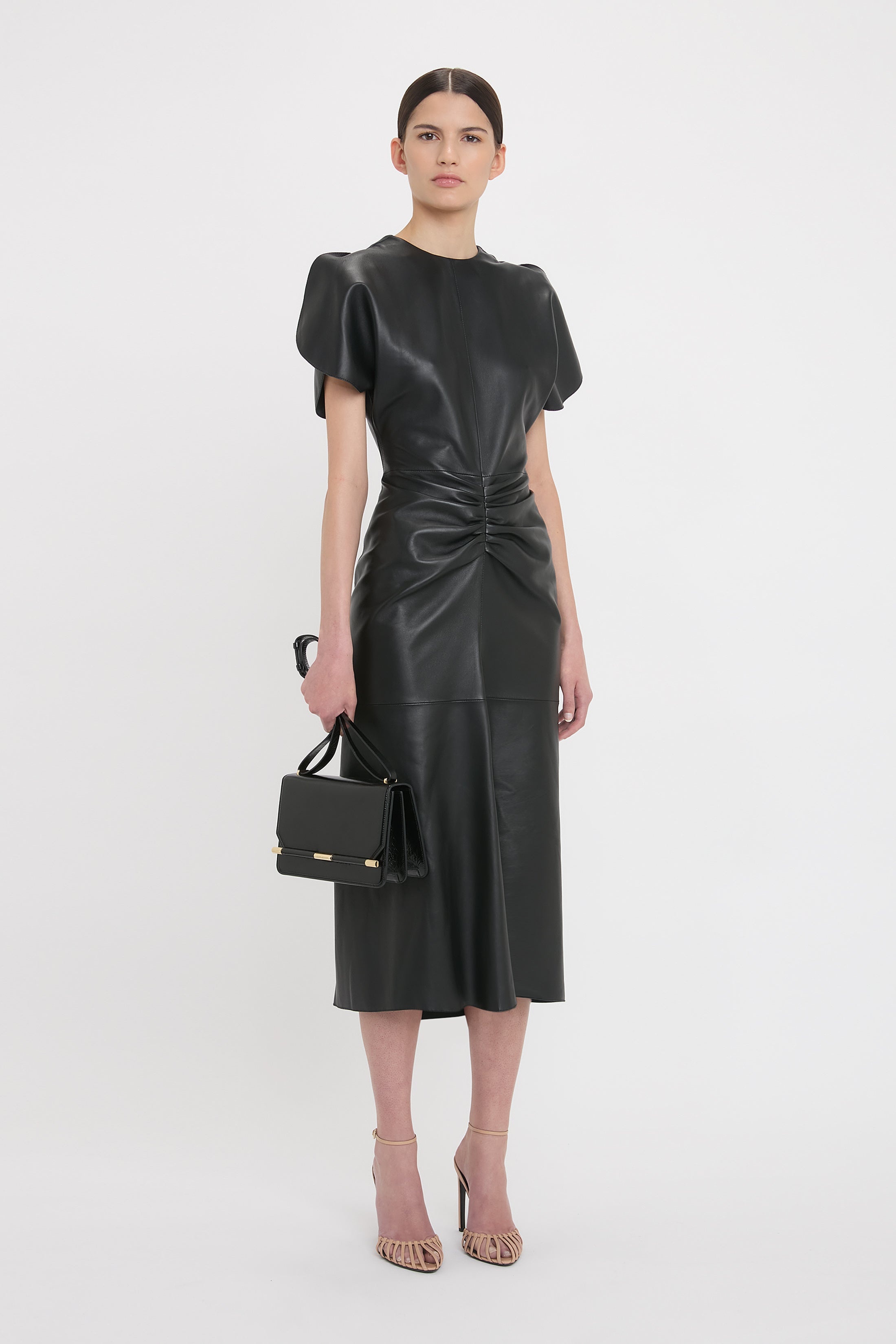 Gathered Waist Midi Dress In Soft Black Leather - 3
