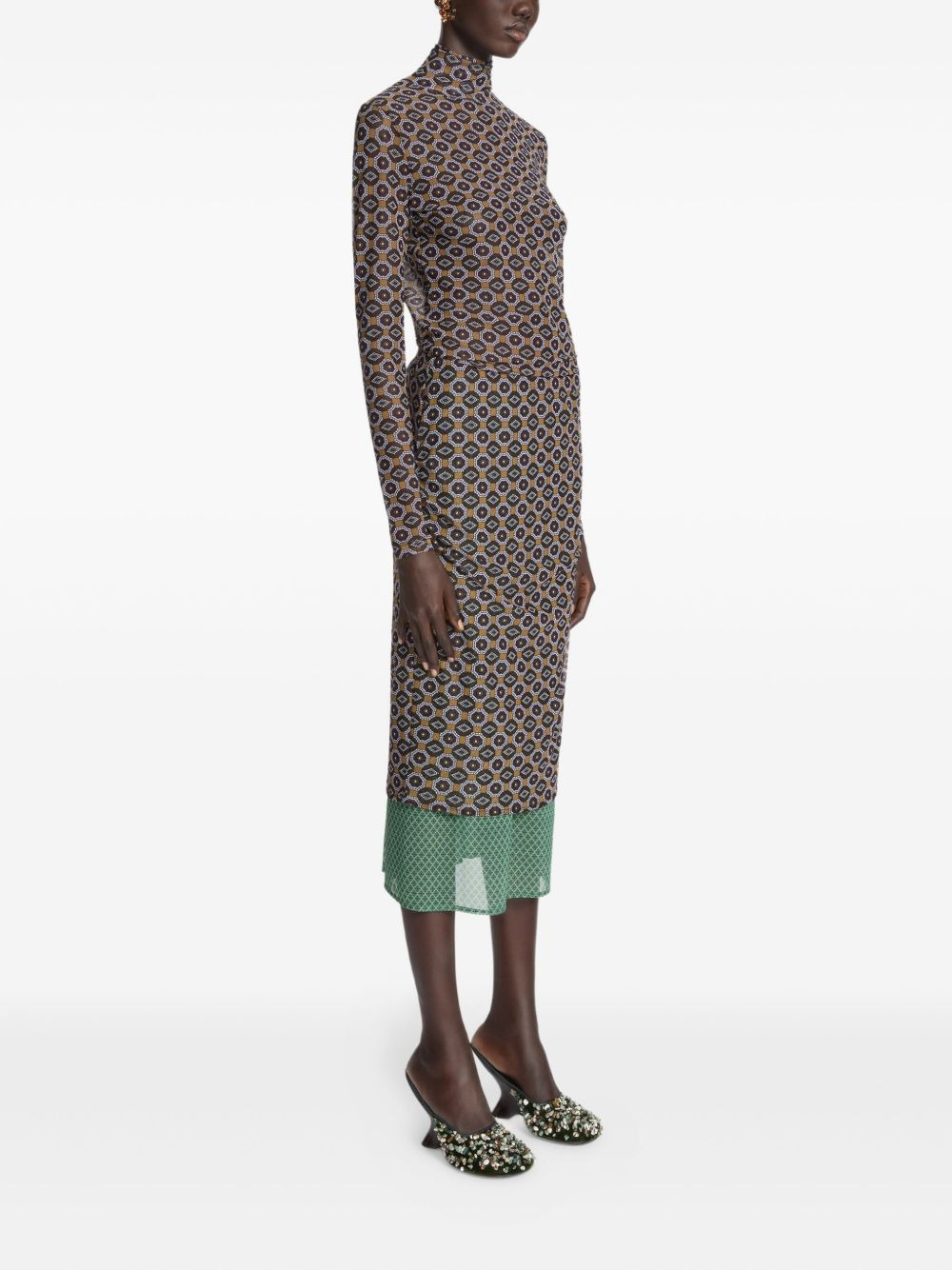 geometric-pattern ruffle-hem midi skirt - 3