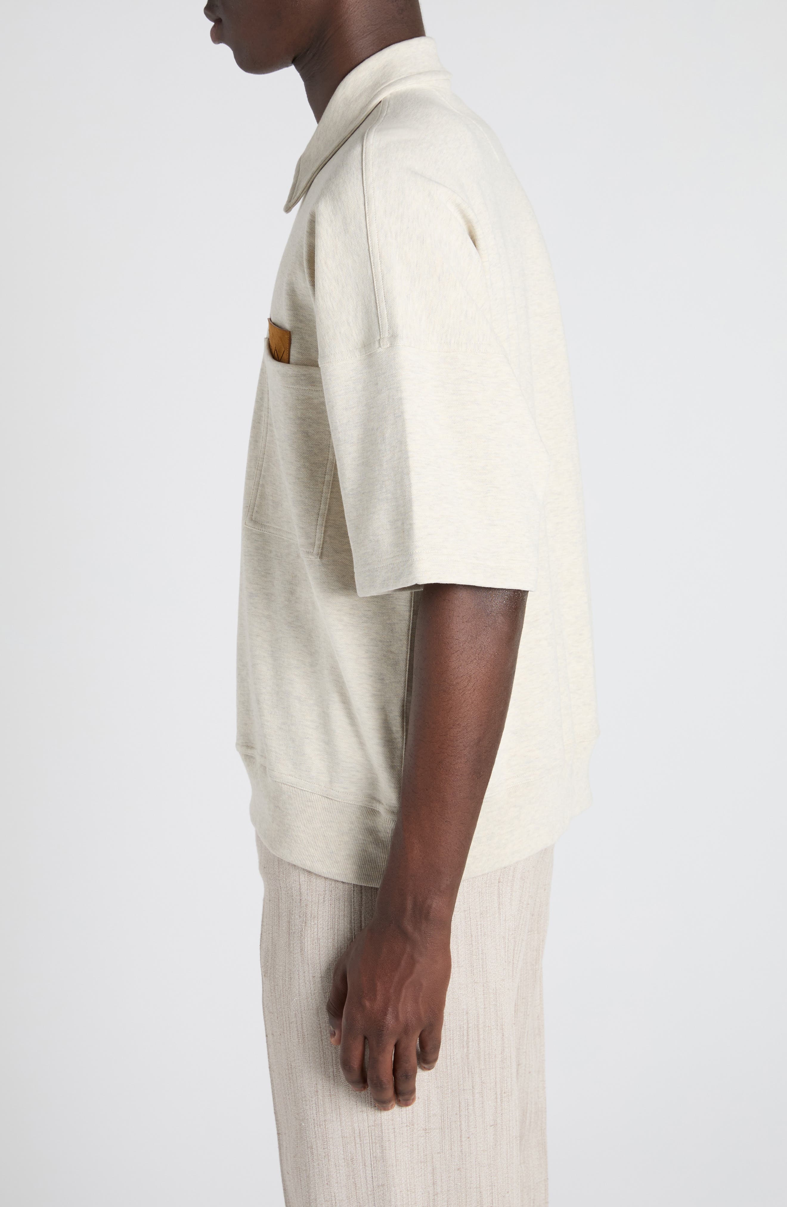 Bottega Veneta Double Cotton Mélange Jersey Quarter Zip Polo with Intrecciato Suede Patch in 9781 Se - 4