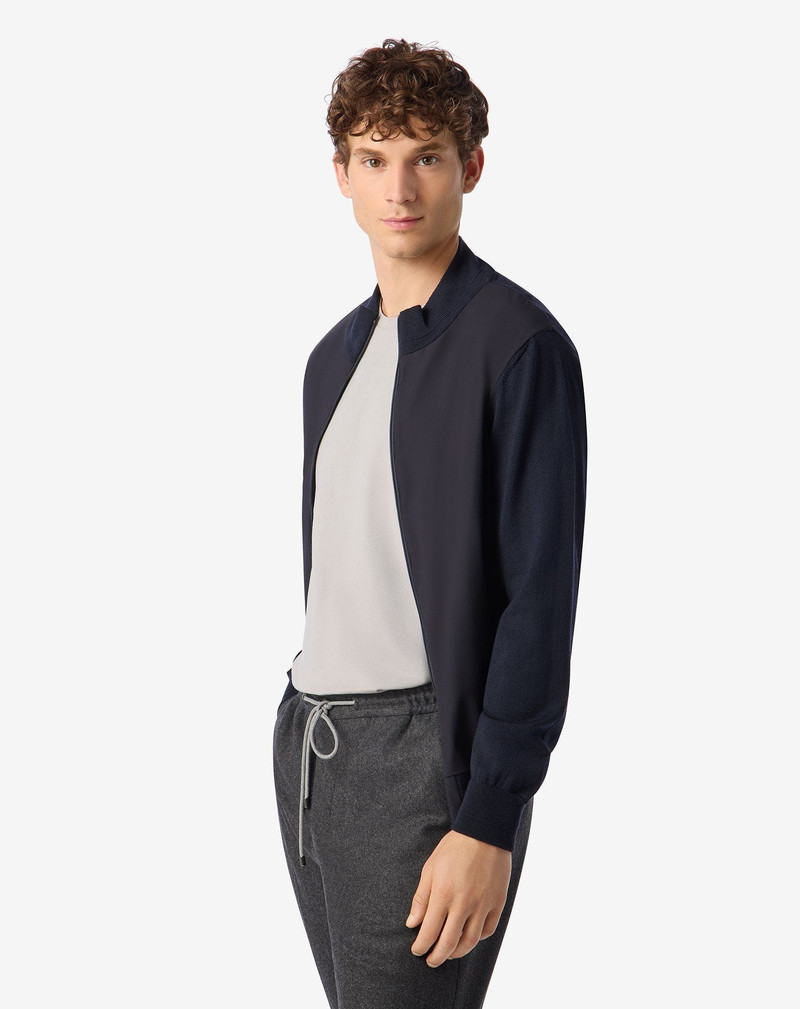 CORNELIANI Blue full zip wool and stretch technical fabric jumper outlook