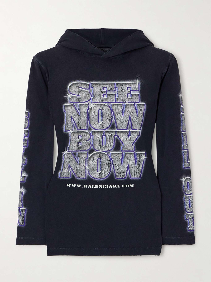 Distressed printed stretch-cotton jersey hooded T-shirt - 1
