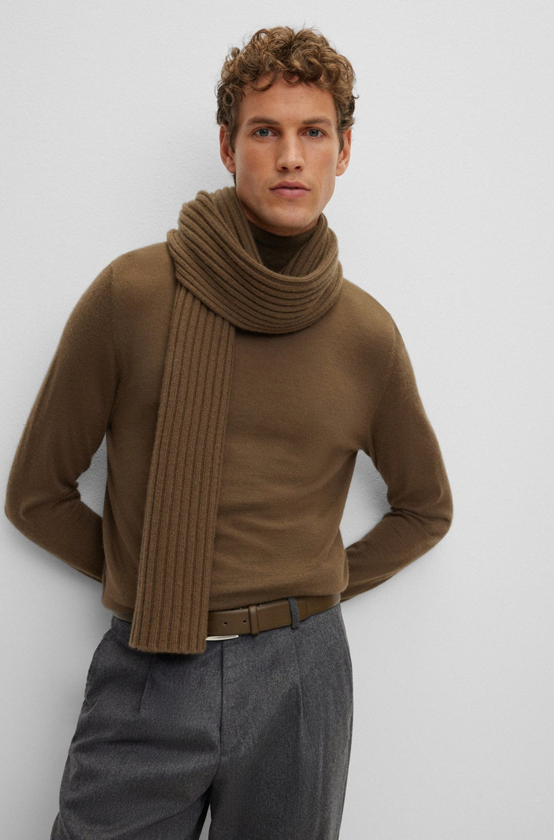 BOSS RIB-KNIT CASHMERE SCARF WITH METAL LOGO PLAQUE outlook