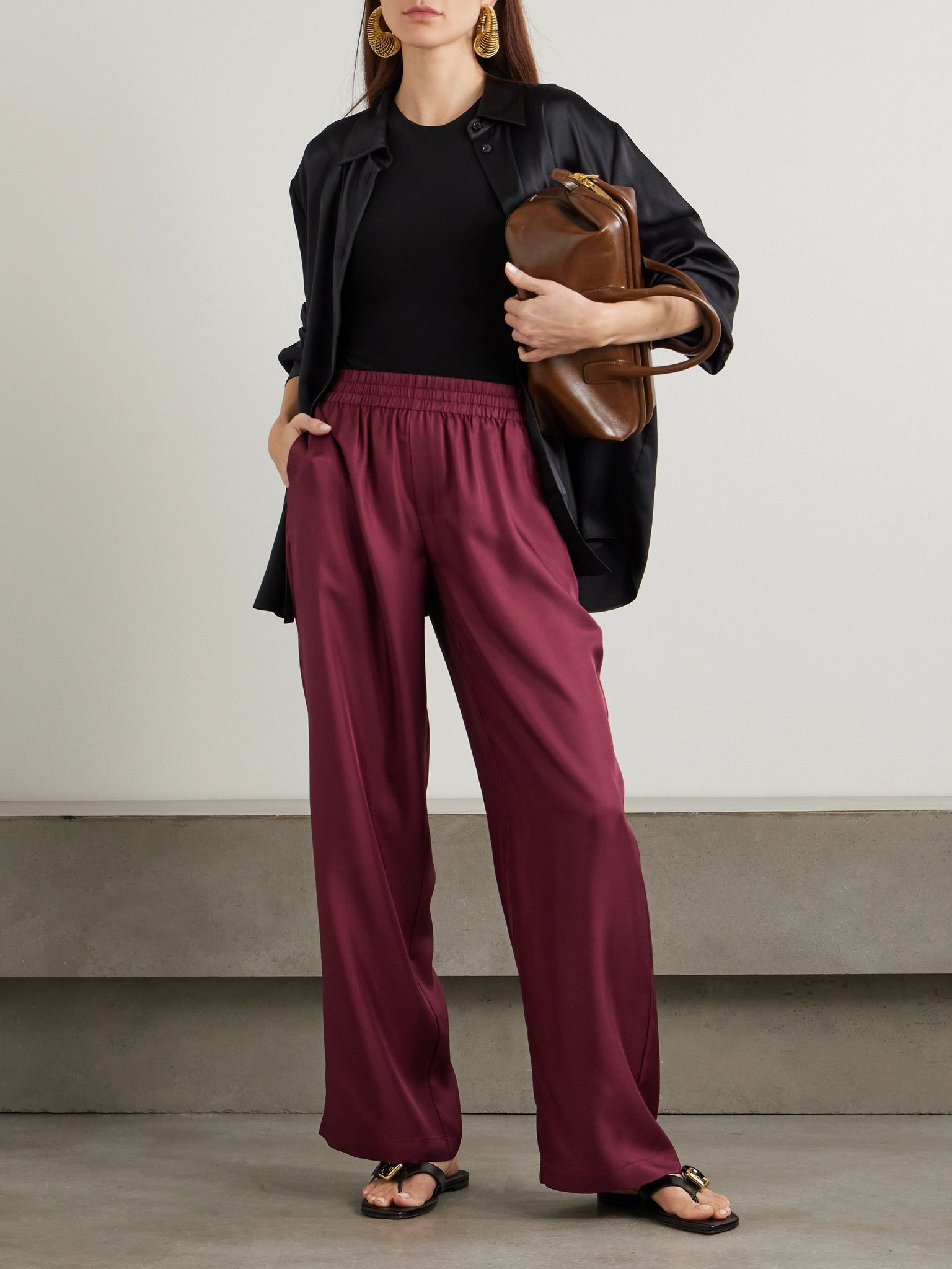 Silk-twill wide-leg track pants Burgundy - 2