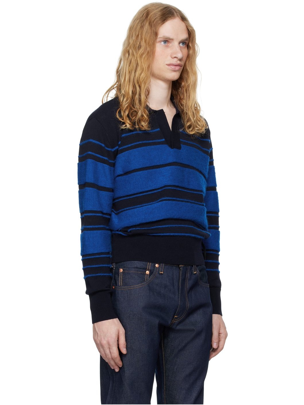 Blue Striped Knit Long Sleeve Polo - 2