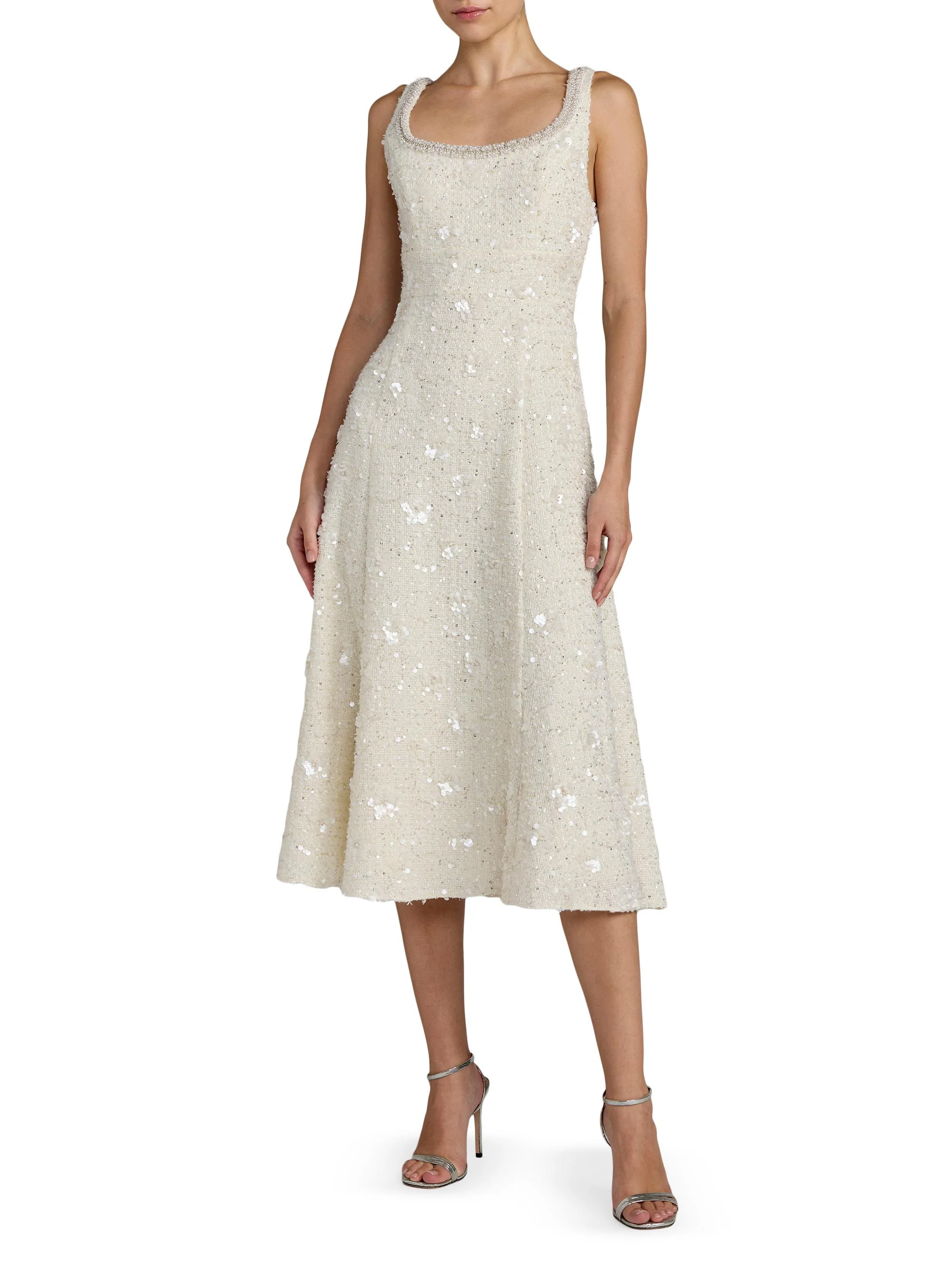 Women's Sequin Boucle Square-Neck Midi-Dress - Ivory - 1