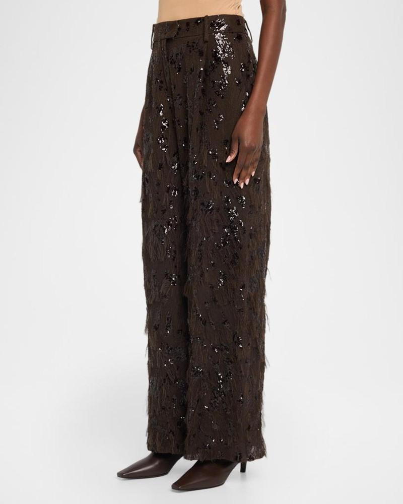 Animalier Sequined Fringe Silk Wide-Leg Trousers 4