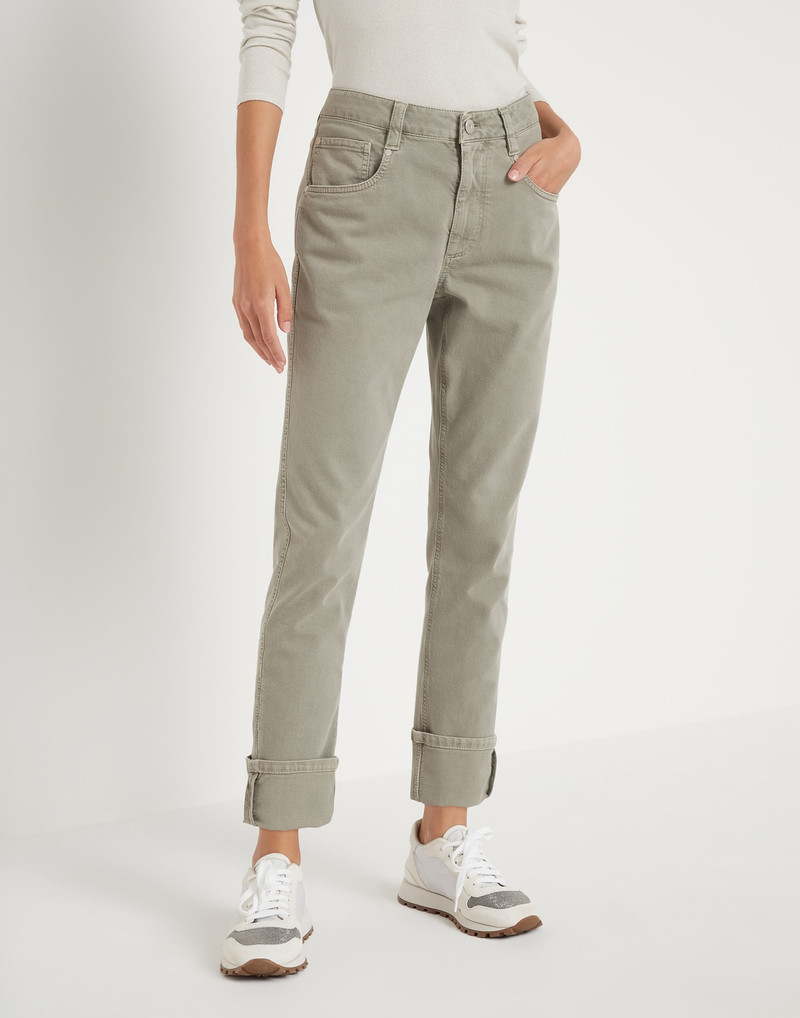 Garment-dyed comfort soft denim straight trousers with shiny tab 1
