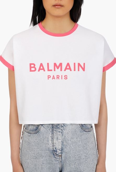 Cropped white cotton T-shirt with flocked pink Balmain logo - 5