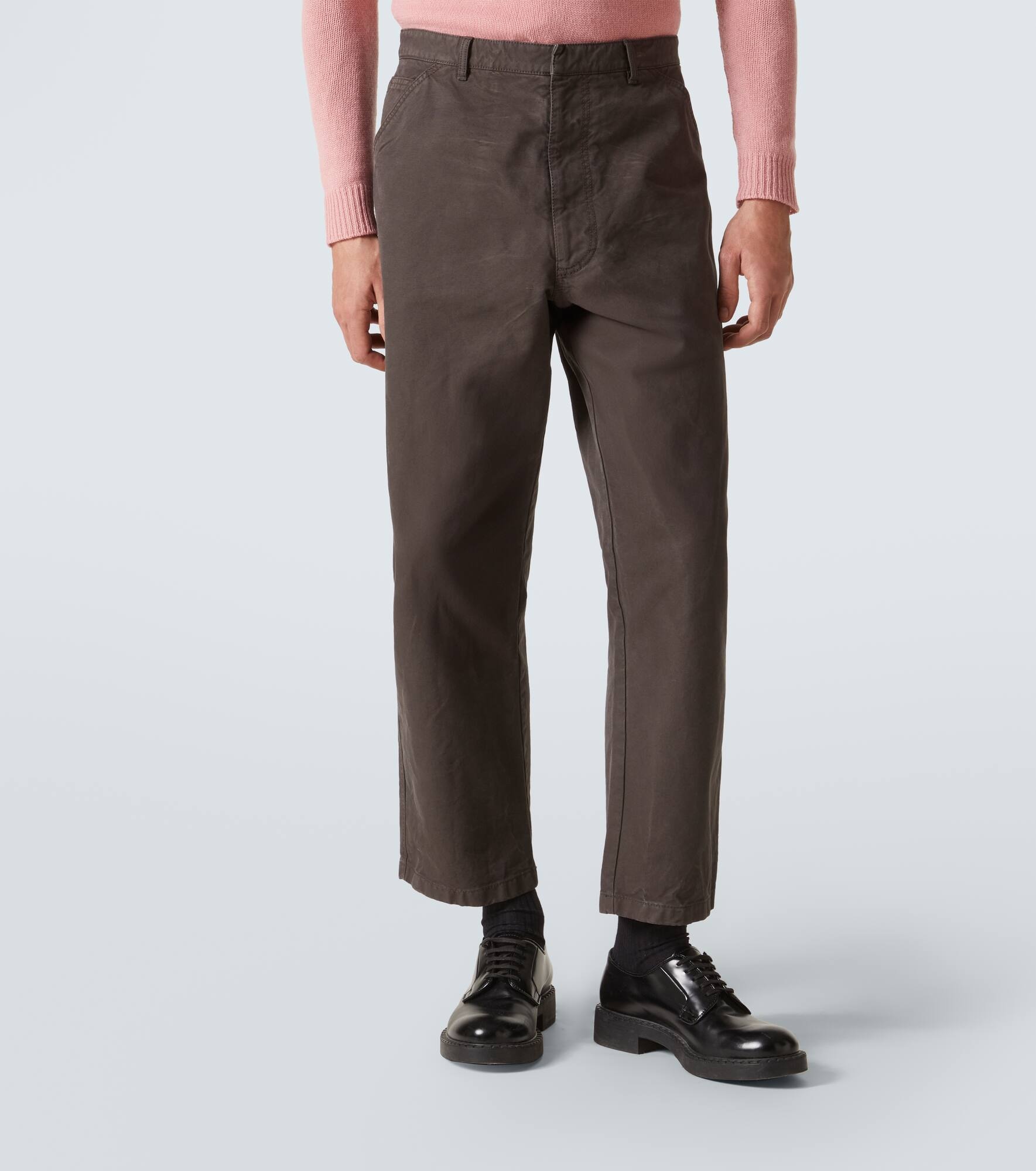 Leather-trimmed cotton straight pants - 3
