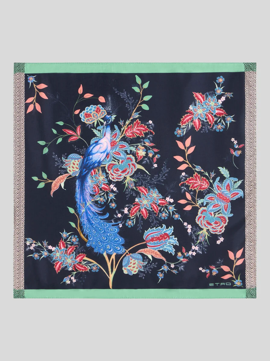 SILK TWILL POCKET SQUARE WITH PEACOCK - 1