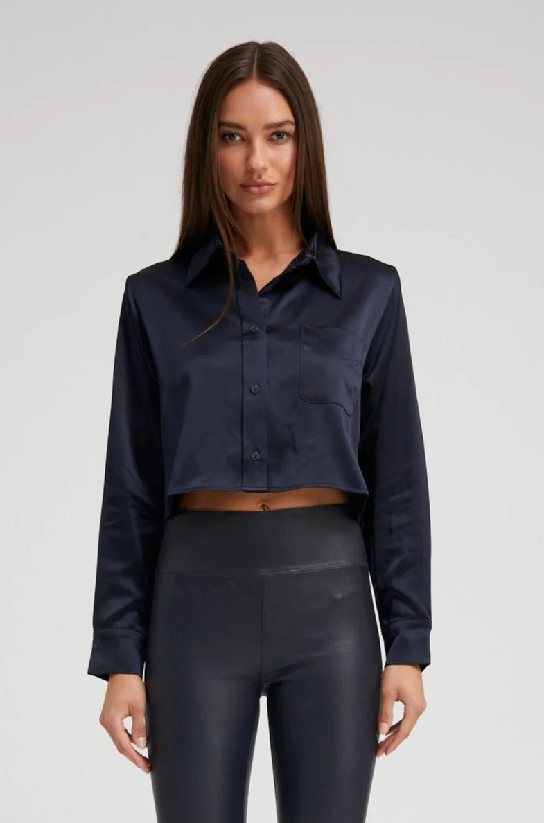 NAVY SILK CROPPED BUTTON DOWN - 1