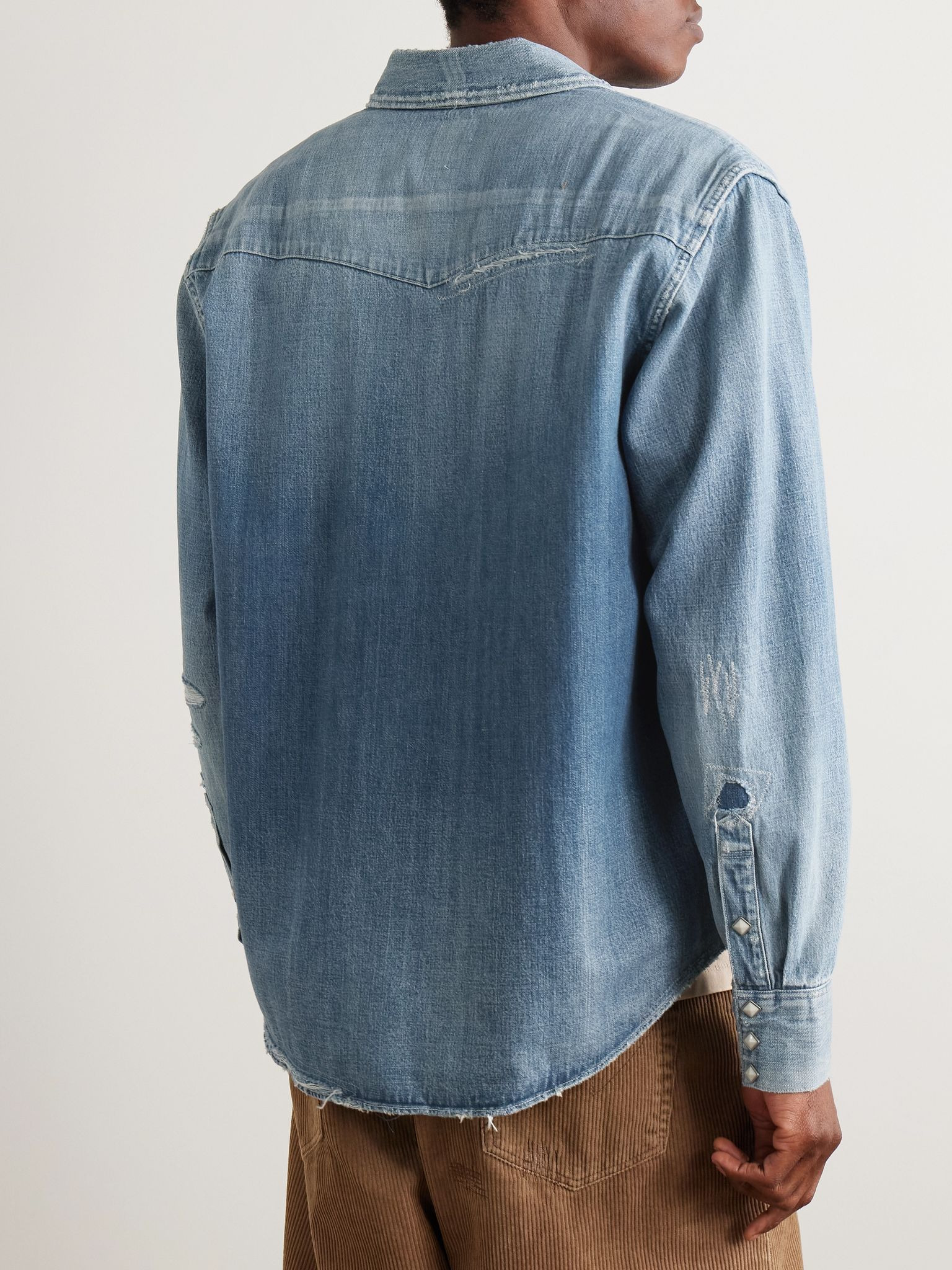 Social Sculpture Distressed Denim Western Shirt Blue - 3
