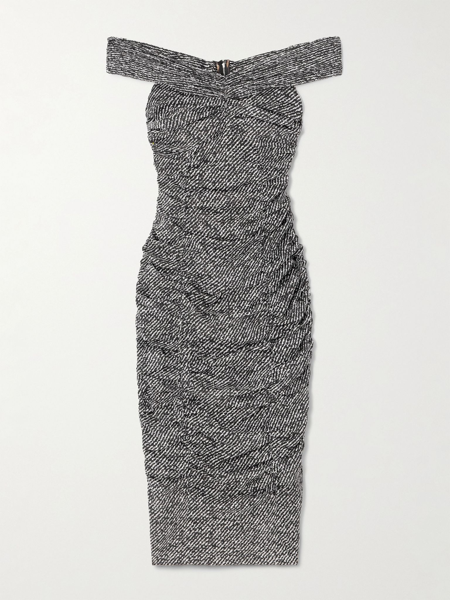 Off-the-shoulder gathered printed silk-blend midi dress Gray - 1