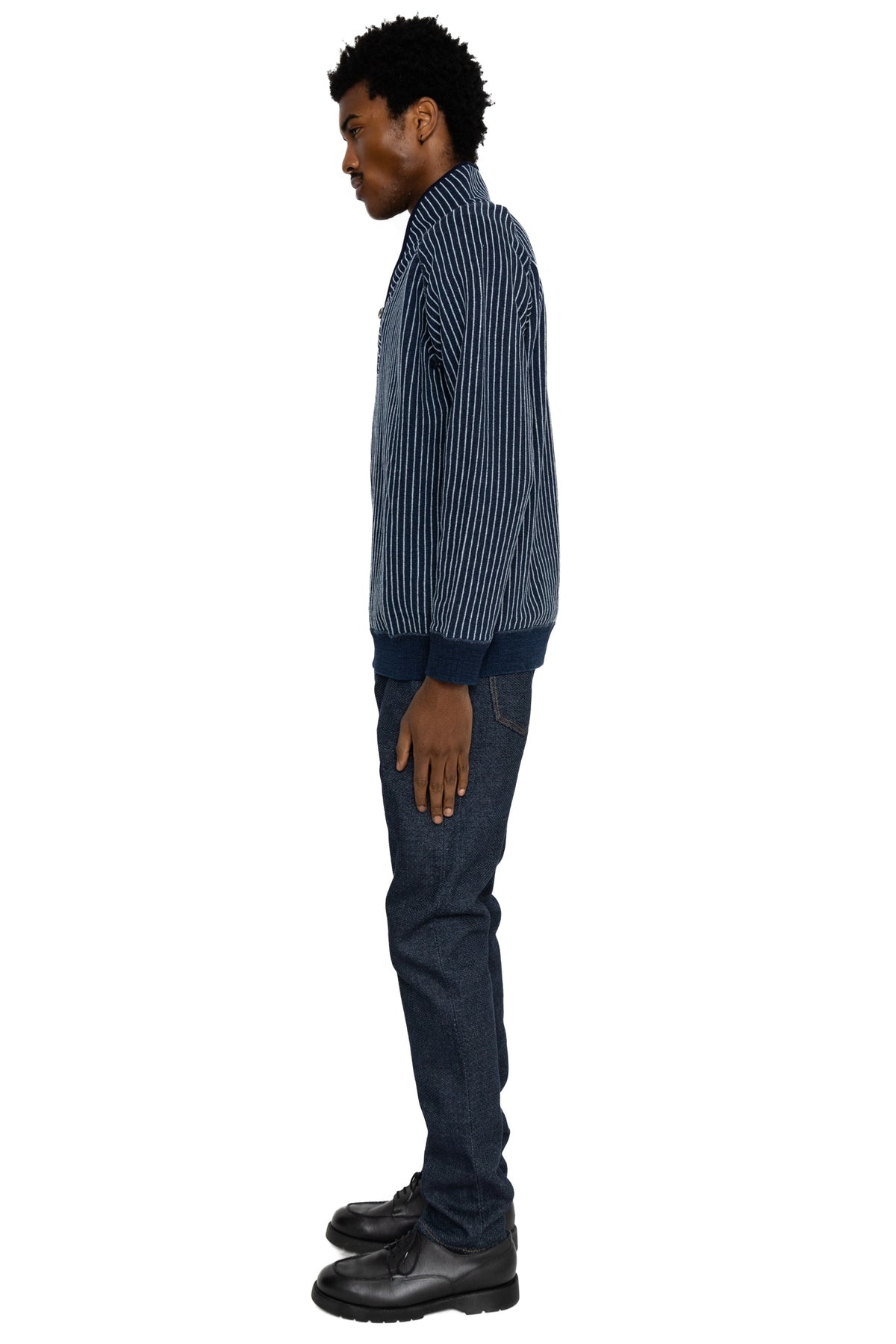 Yarn Dyed Indigo Shawl Collar Sweatshirt - Indigo Stripe - 4