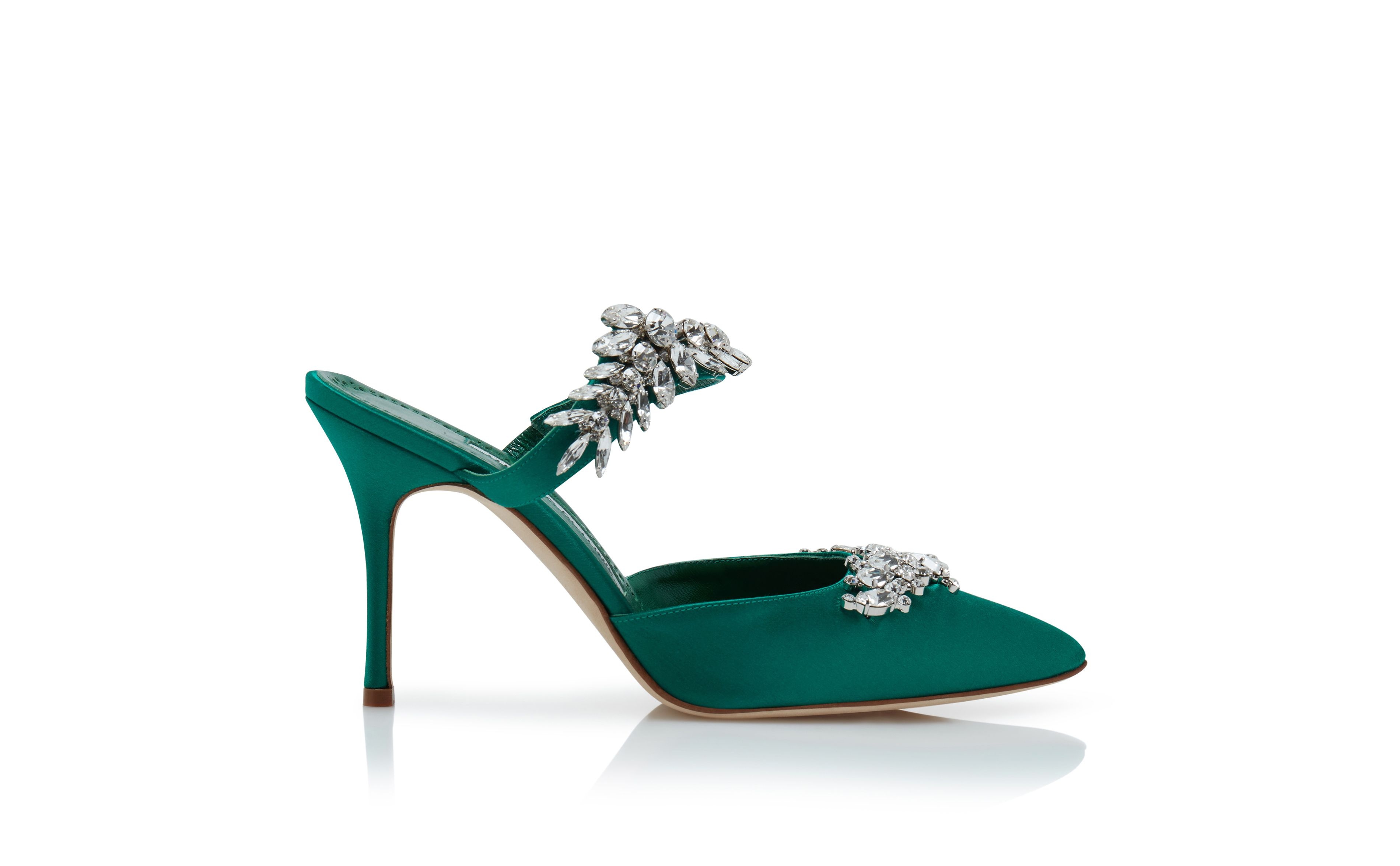 Green Satin Crystal Embellished Mules - 1