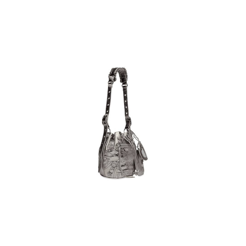 BALENCIAGA Women's Le Cagole Xs Bucket Bag Metallized With Rhinestones in Silver outlook