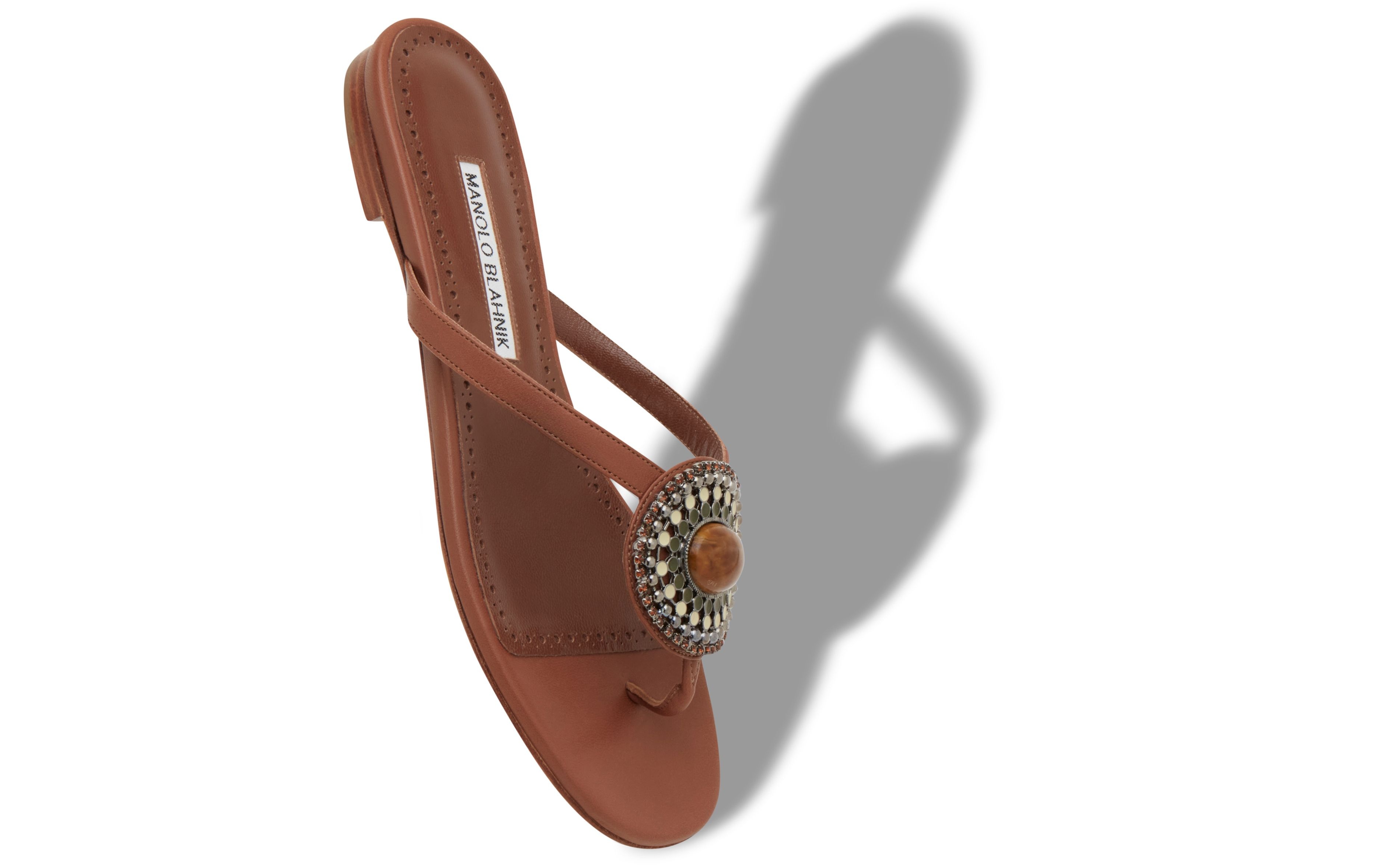 Brown Nappa Leather Jewel Flat Sandals - 2
