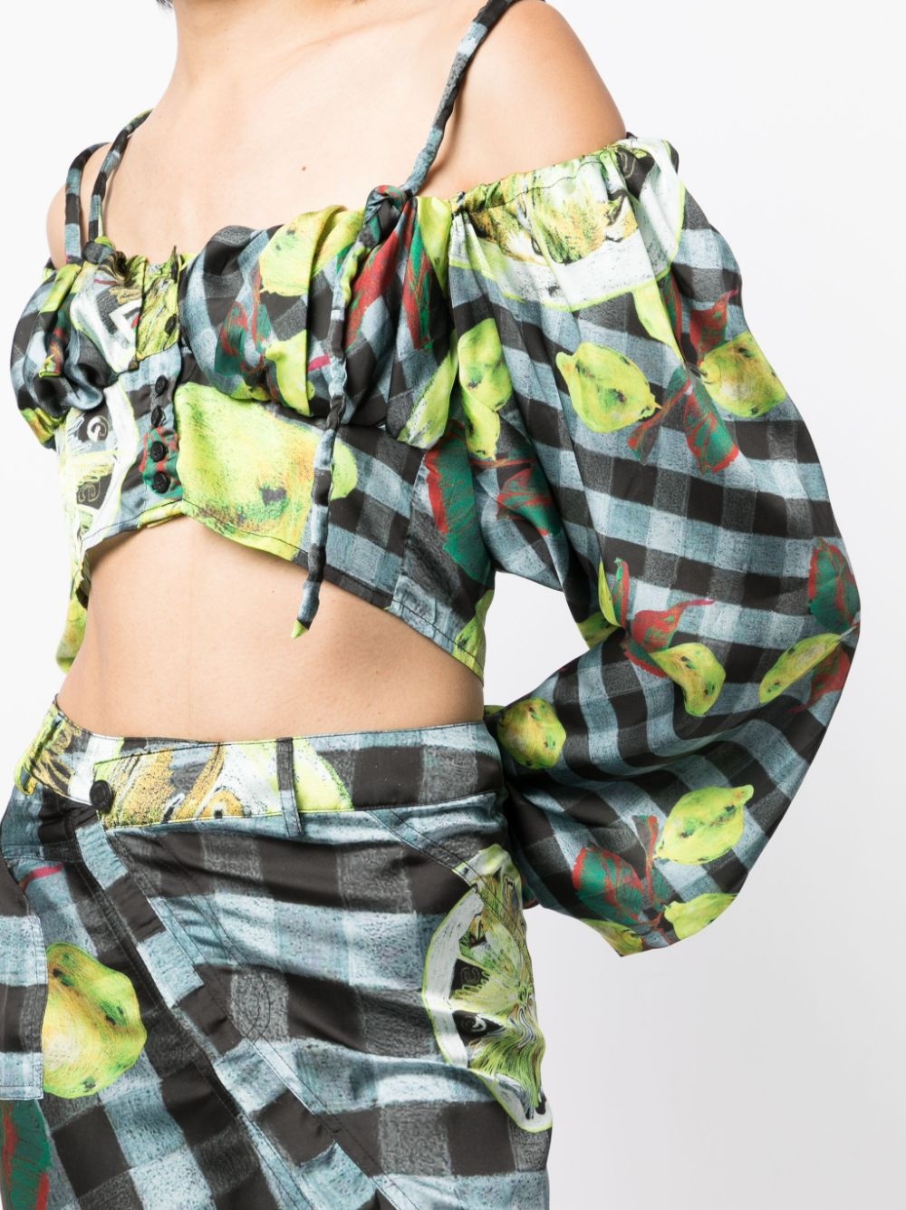 lemon-checked-print off-shoulder top - 5