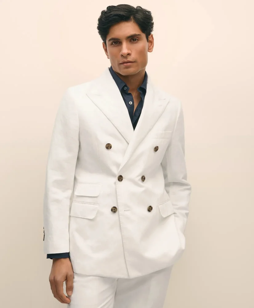 Slim Fit Cotton-Linen Herringbone Double-Breasted Suit Jacket - 1
