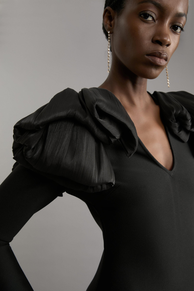 KAREN MILLEN Figure Form Bandage Knit Silk Ruffle Shoulder Detail Midaxi Dress outlook