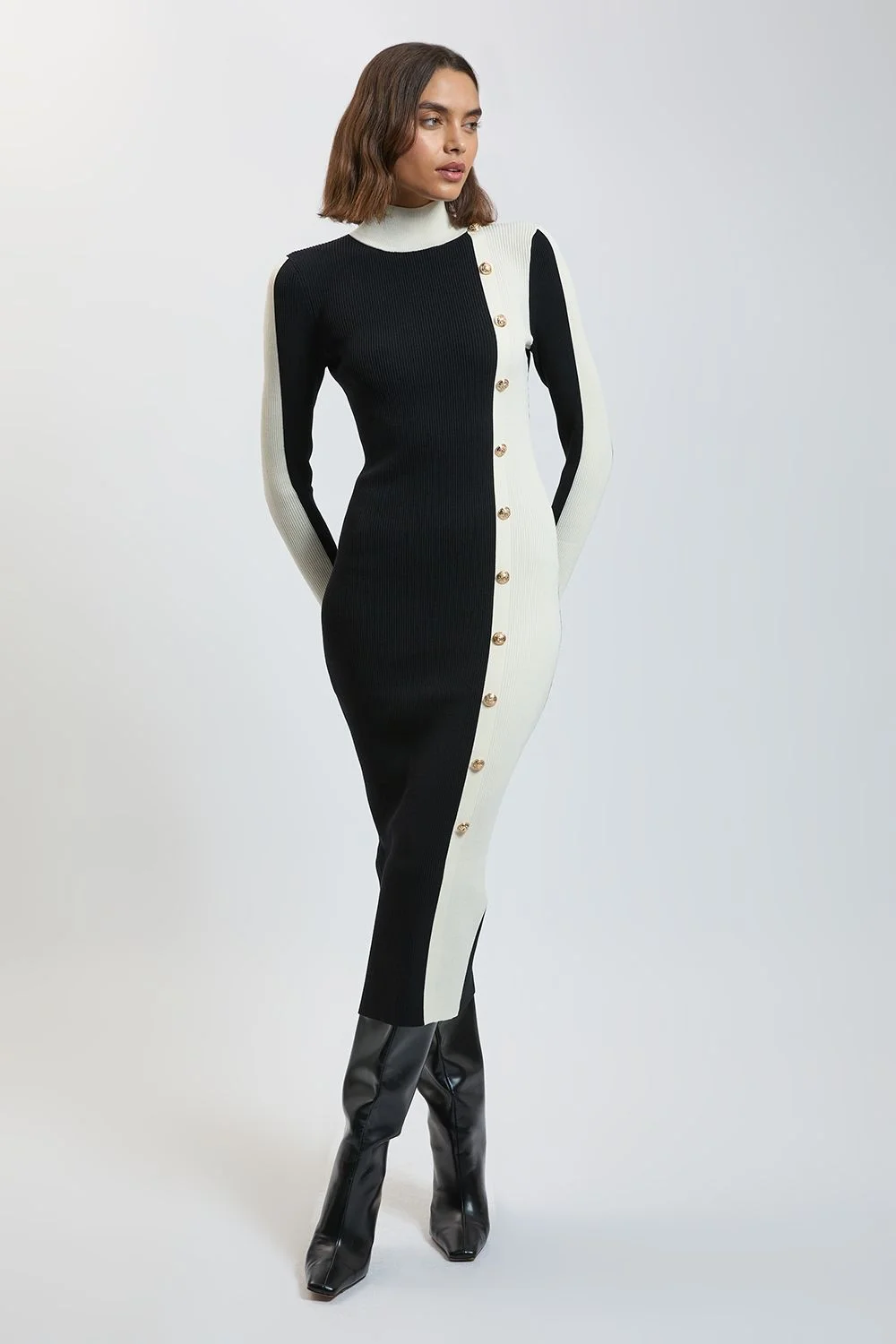 Knit Rib With Contrast Detail Midi Dress - 1