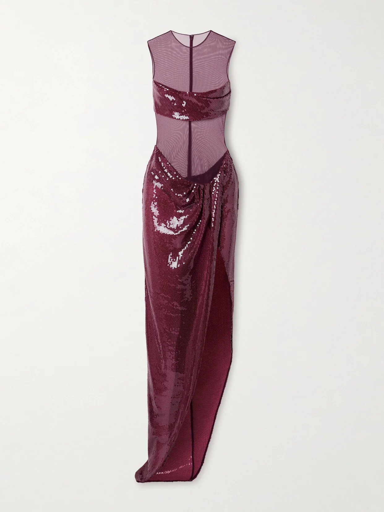 Asymmetric Paneled Draped Sequined Tulle Gown - 1