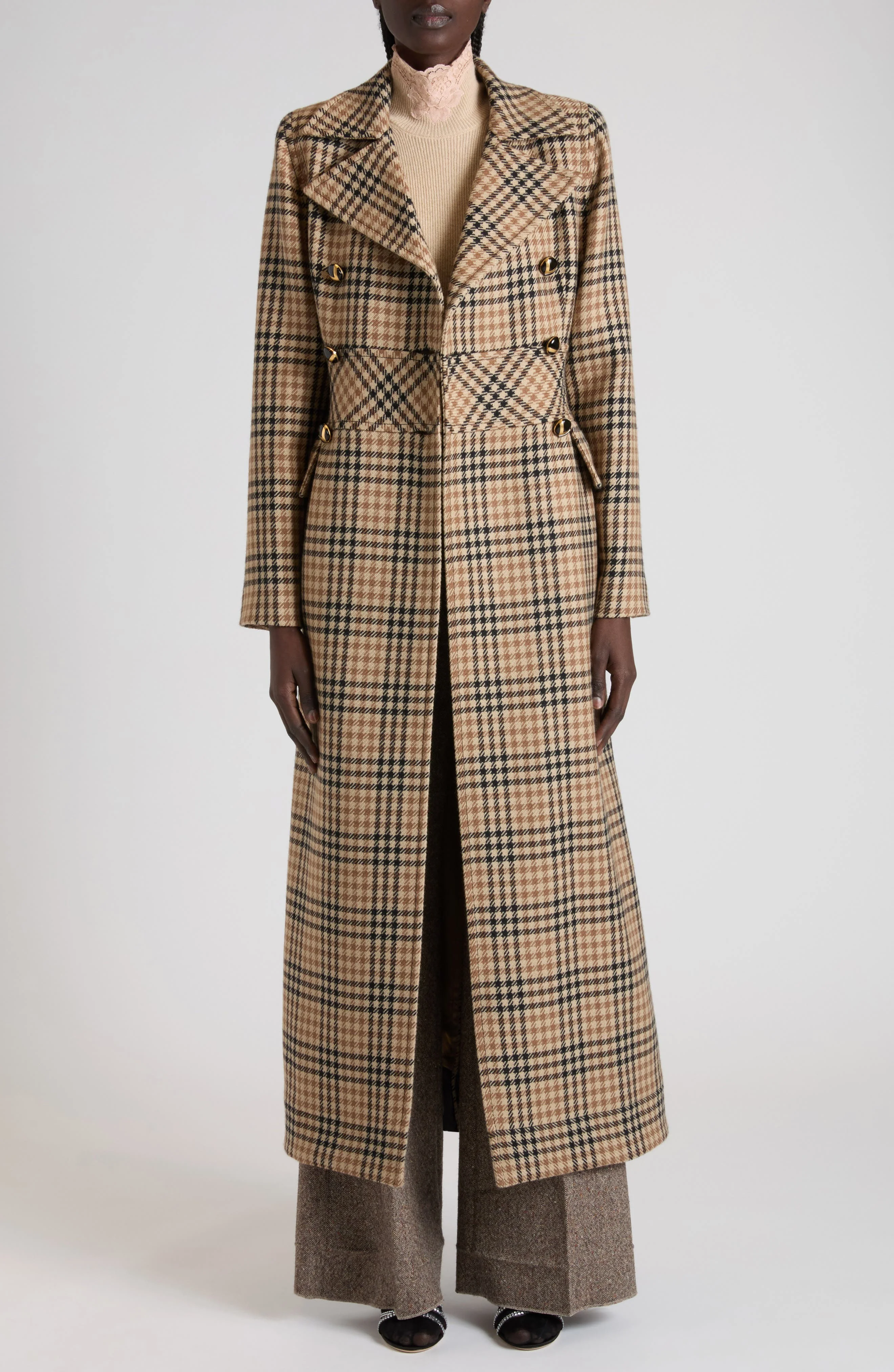 Valentino Double Breasted Houndstooth Wool Longline Coat in Sand/Black at Nordstrom - 1