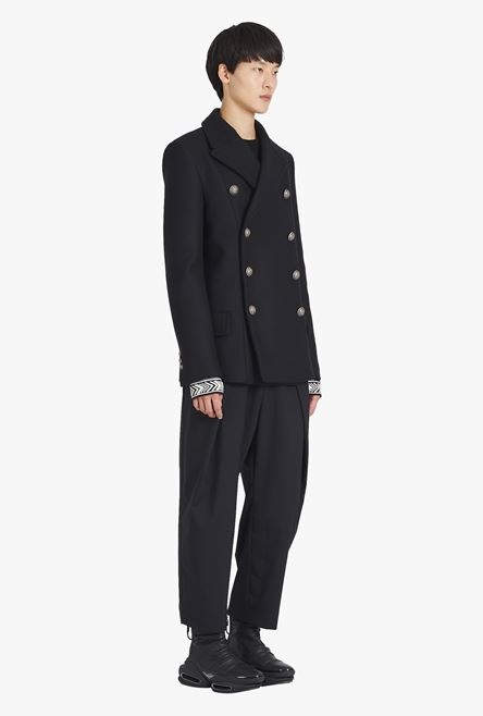 Black wool pea coat with double-breasted silver-tone buttoned fastening - 7