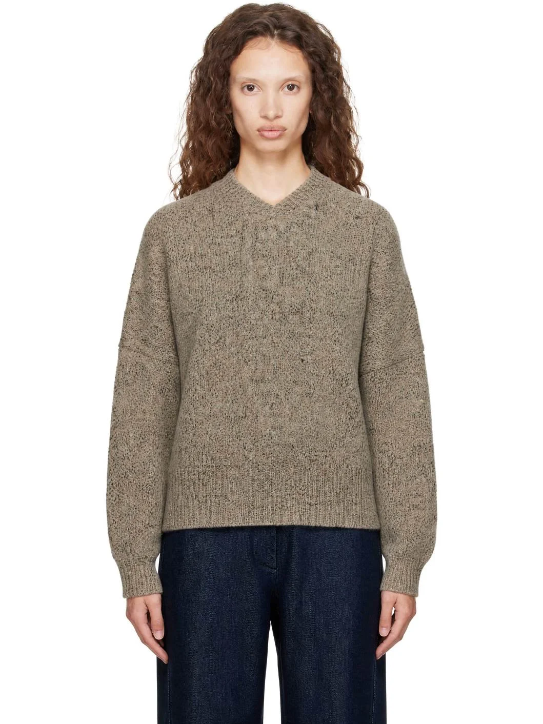 Beige Speckled V-Neck Sweater - 1